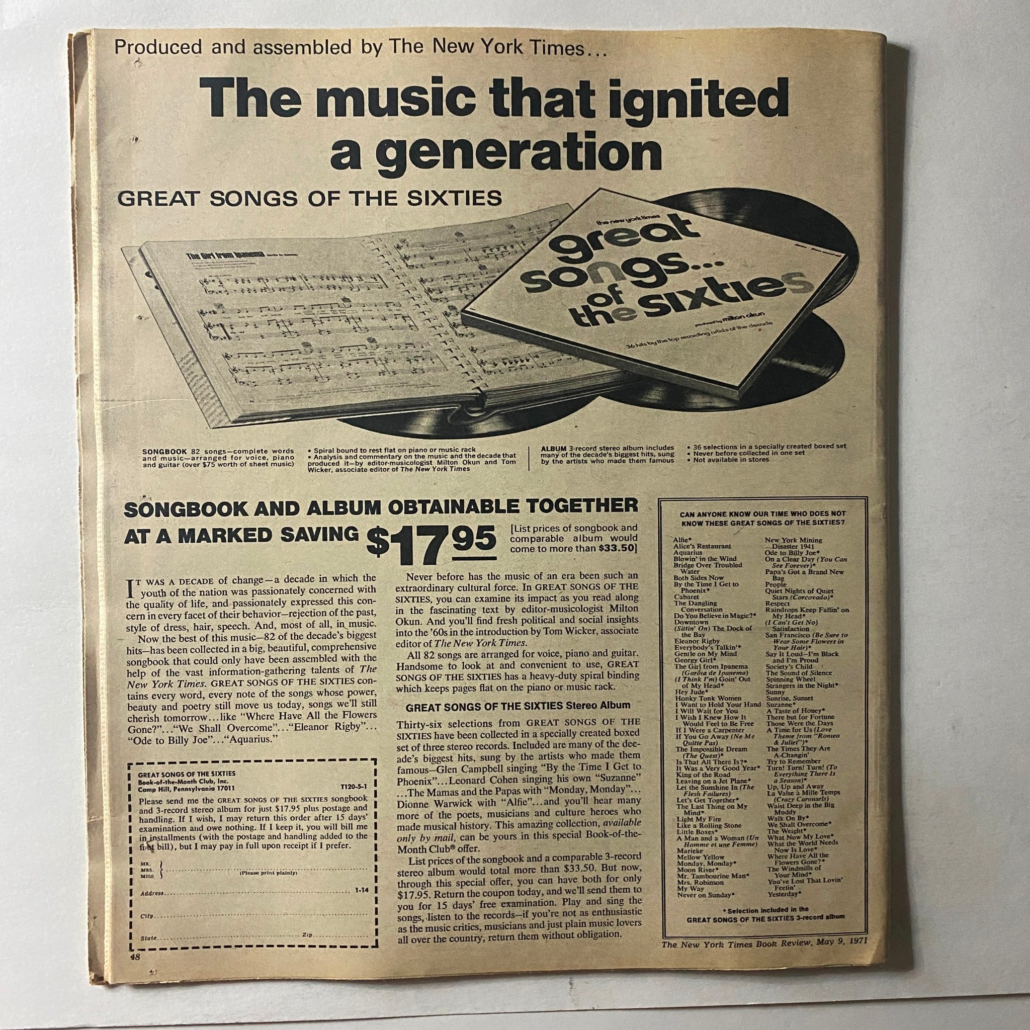The New York Times Book Review May 9 1971 showcasing an advertisement for a songbook titled 'Great Songs of the Sixties', featuring music sheets and details about the album at a price of $17.95.