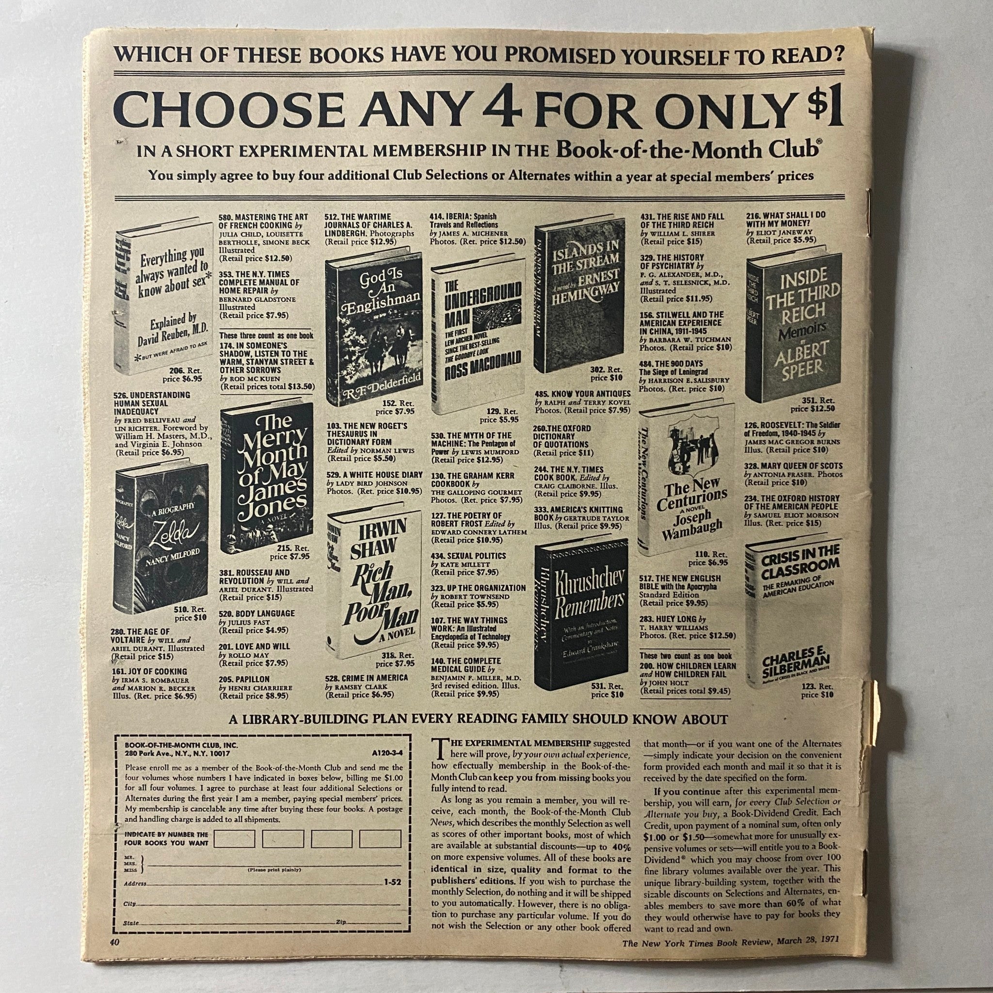 The New York Times Book Review March 28 1971 advertising the Book-of-the-Month Club with a selection of books available for purchase.