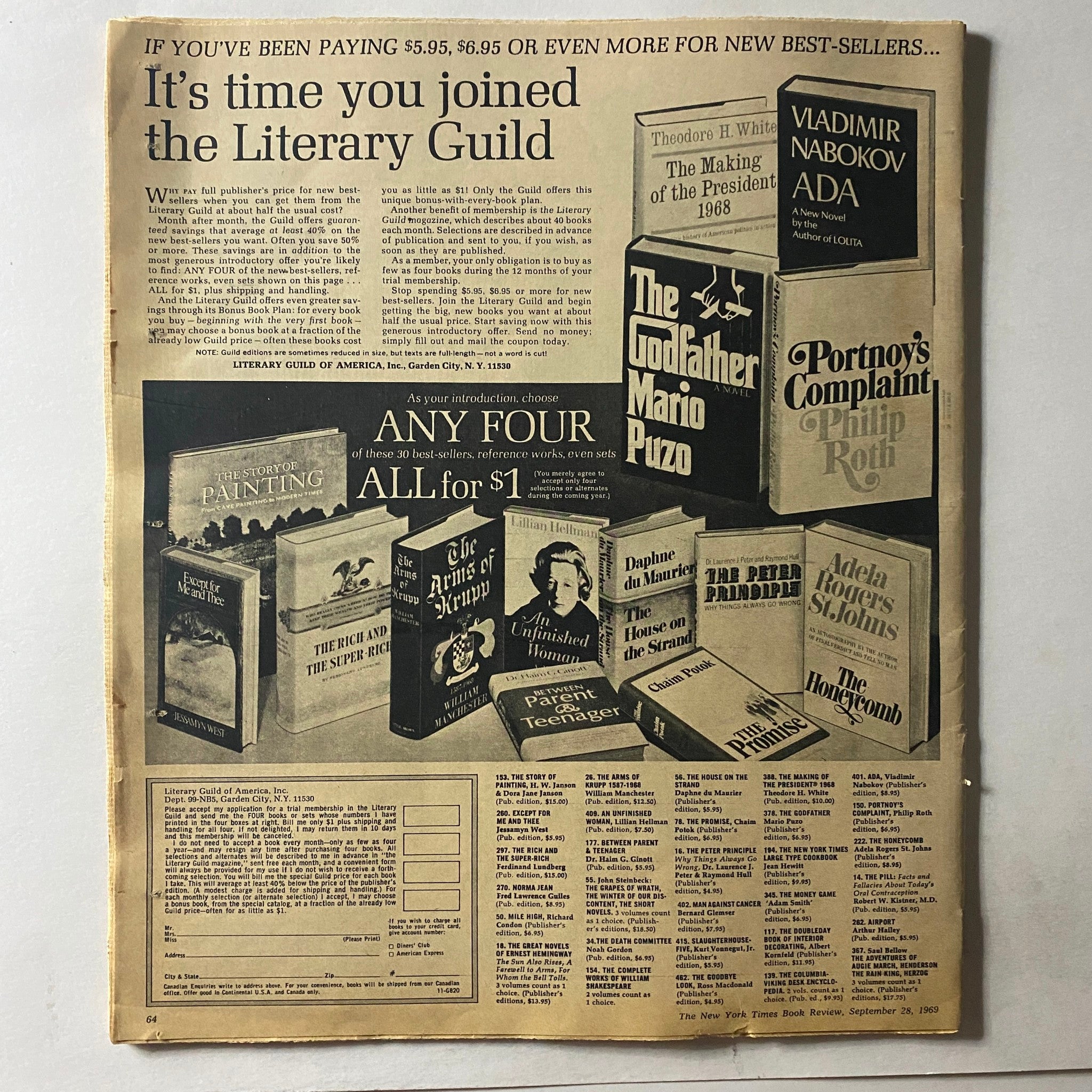 The back cover of The New York Times Book Review, September 28, 1969, promoting the Literary Guild membership with book offers and highlighting bestsellers of the time.