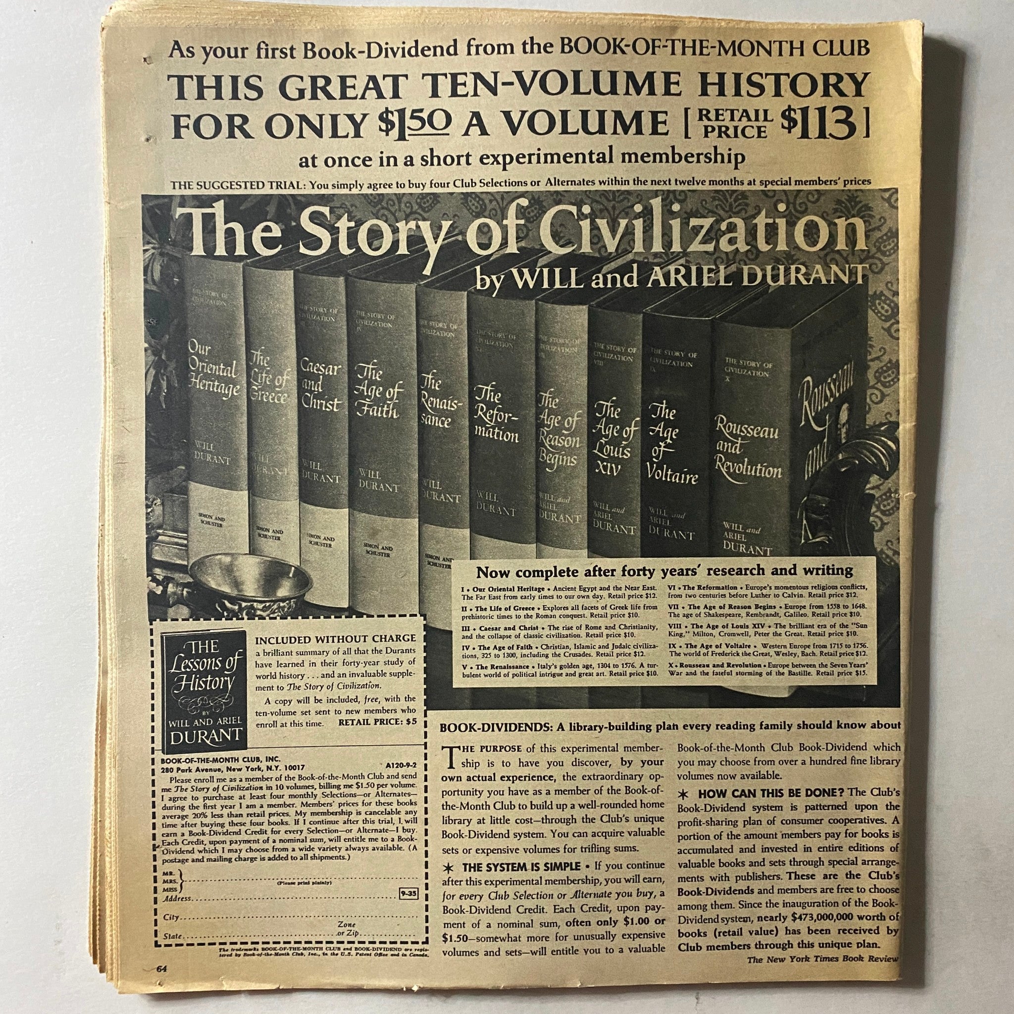 The New York Times Book Review September 14, 1969 advertisement for 'The Story of Civilization' by Will and Ariel Durant, showcasing a series of book volumes.