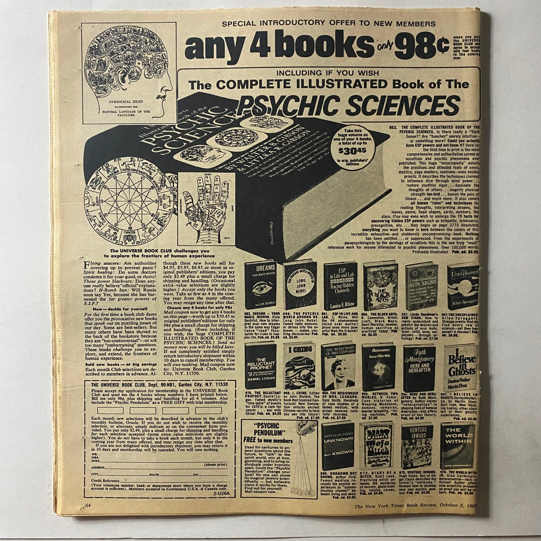 Back cover image of The New York Times Book Review from October 5, 1969, promoting various book offers, including 'The Complete Illustrated Book of The Psychic Sciences'.