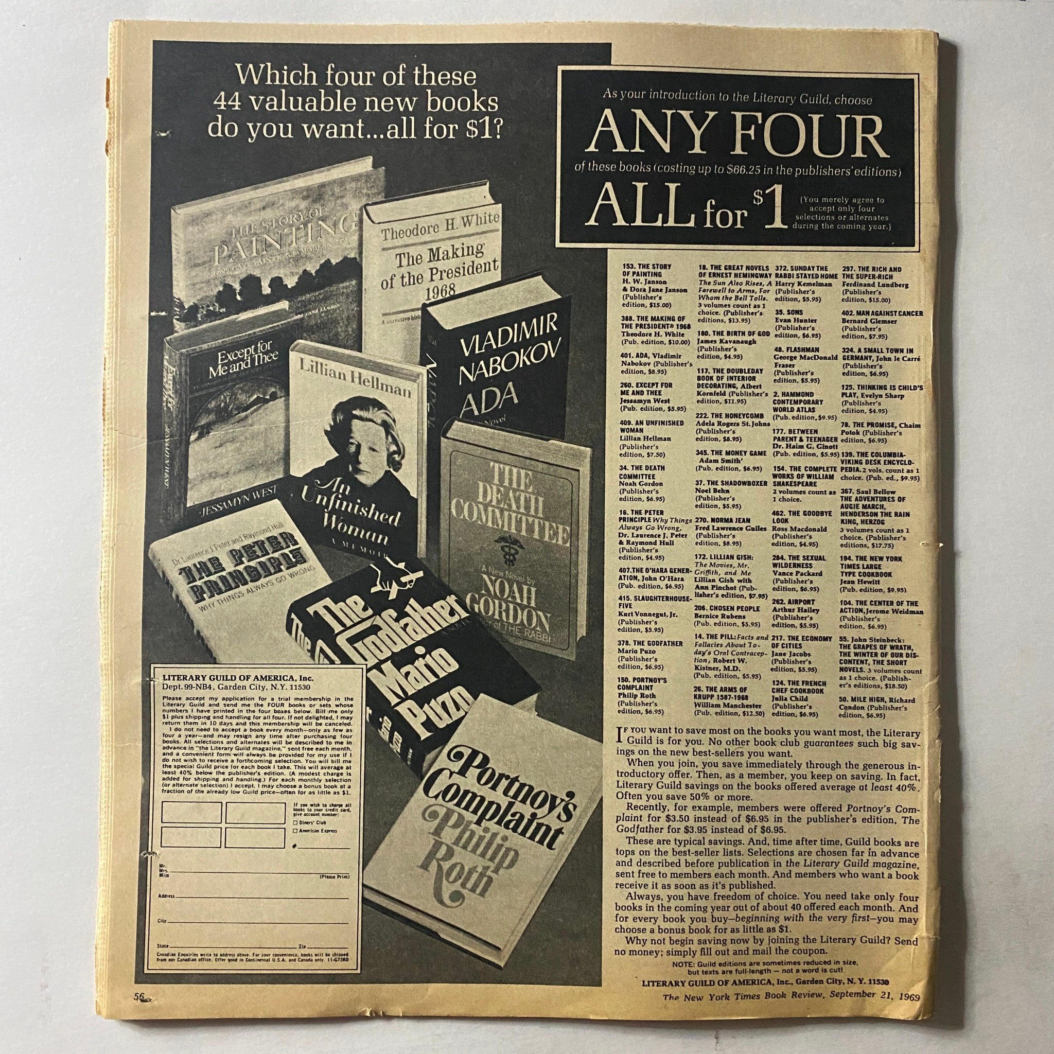 The New York Times Book Review September 21 1969 showcasing an advertisement for valuable new books available for $1, highlighting literary offerings of the time.