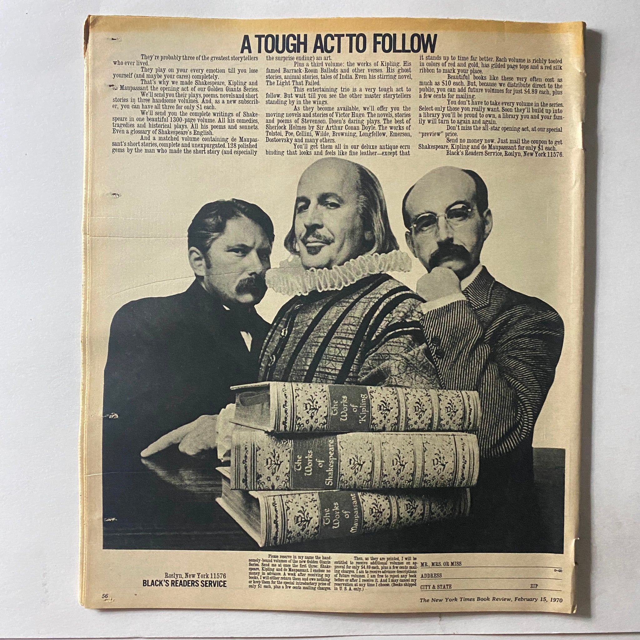 The New York Times Book Review February 15, 1970 showcasing a humorous article titled 'A Tough Act to Follow' with a visual representation featuring three men, including one dressed as Shakespeare, surrounded by books.