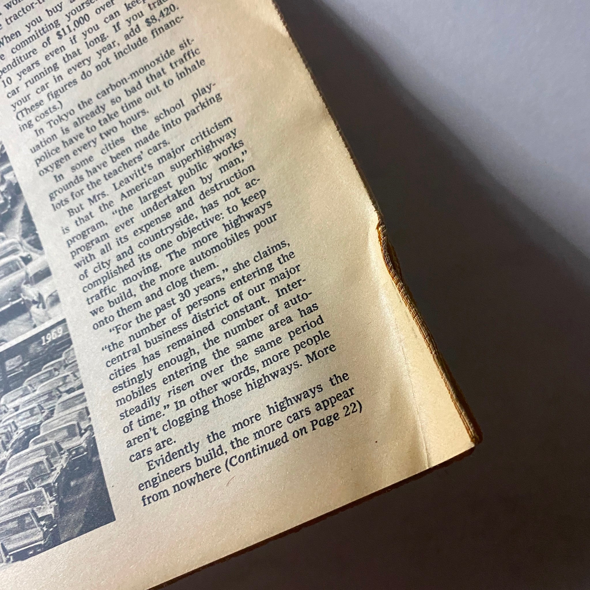 Close-up of an article from The New York Times Book Review 1970 Superhighway - Superhoax No Label discussing the congestion on highways and transportation critiques.