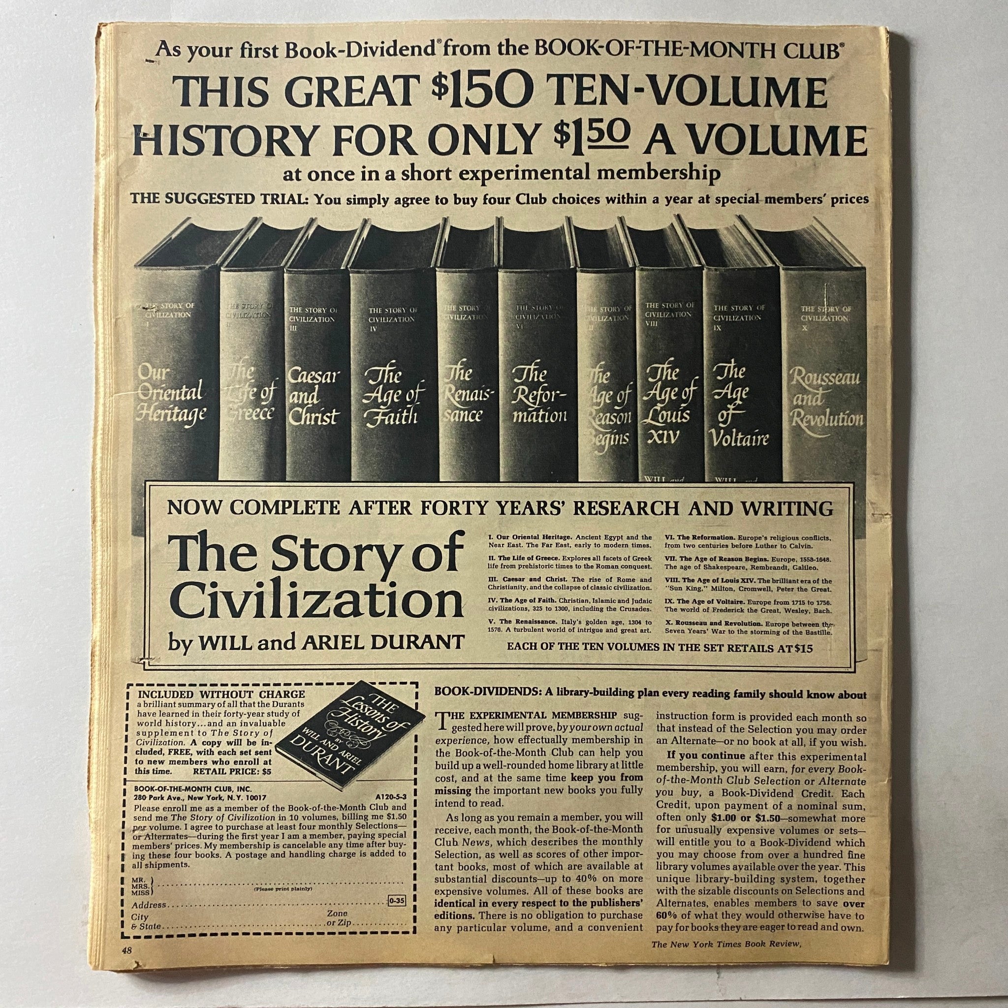 A vintage advertisement for 'The Story of Civilization' by Will and Ariel Durant, featured in the New York Times Book Review 1970 Superhighway - Superhoax No Label. The ad promotes a ten-volume history series available for members of the Book-of-the-Month Club.