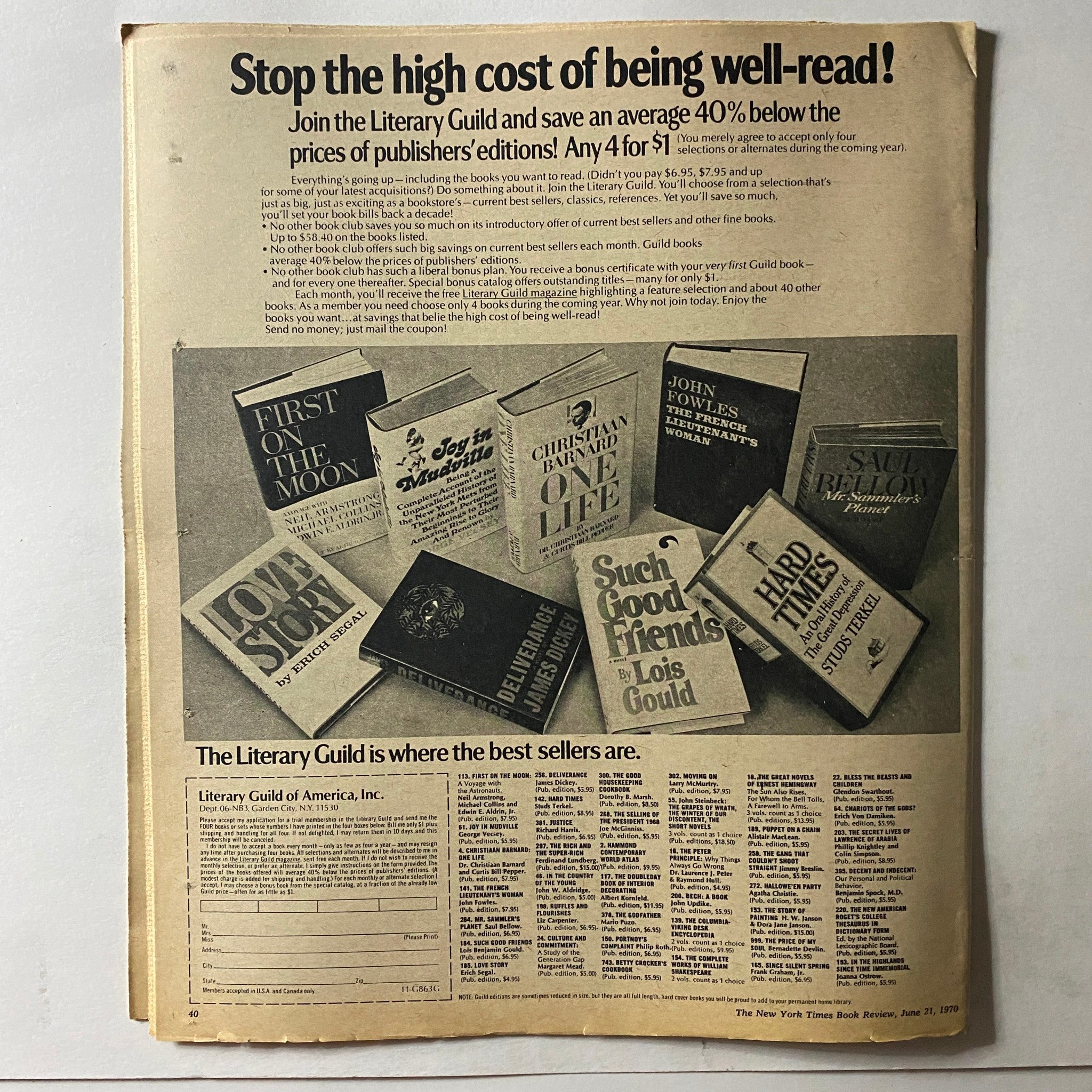 Back cover of The New York Times Book Review from June 21, 1970 promoting the Literary Guild membership and book offers.