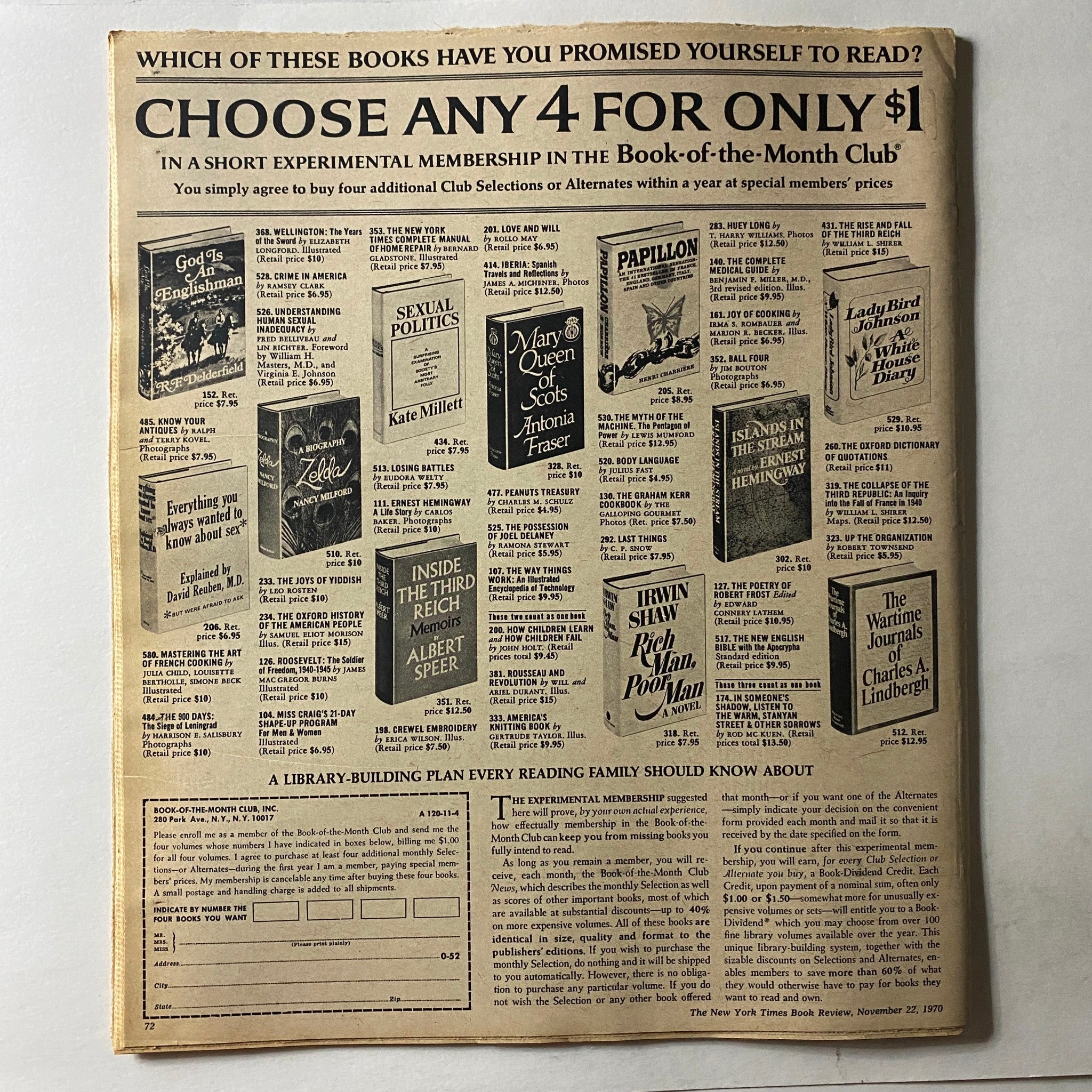 Back cover of The New York Times Book Review, November 22, 1970, showcasing advertisements for various books available through the Book-of-the-Month Club.