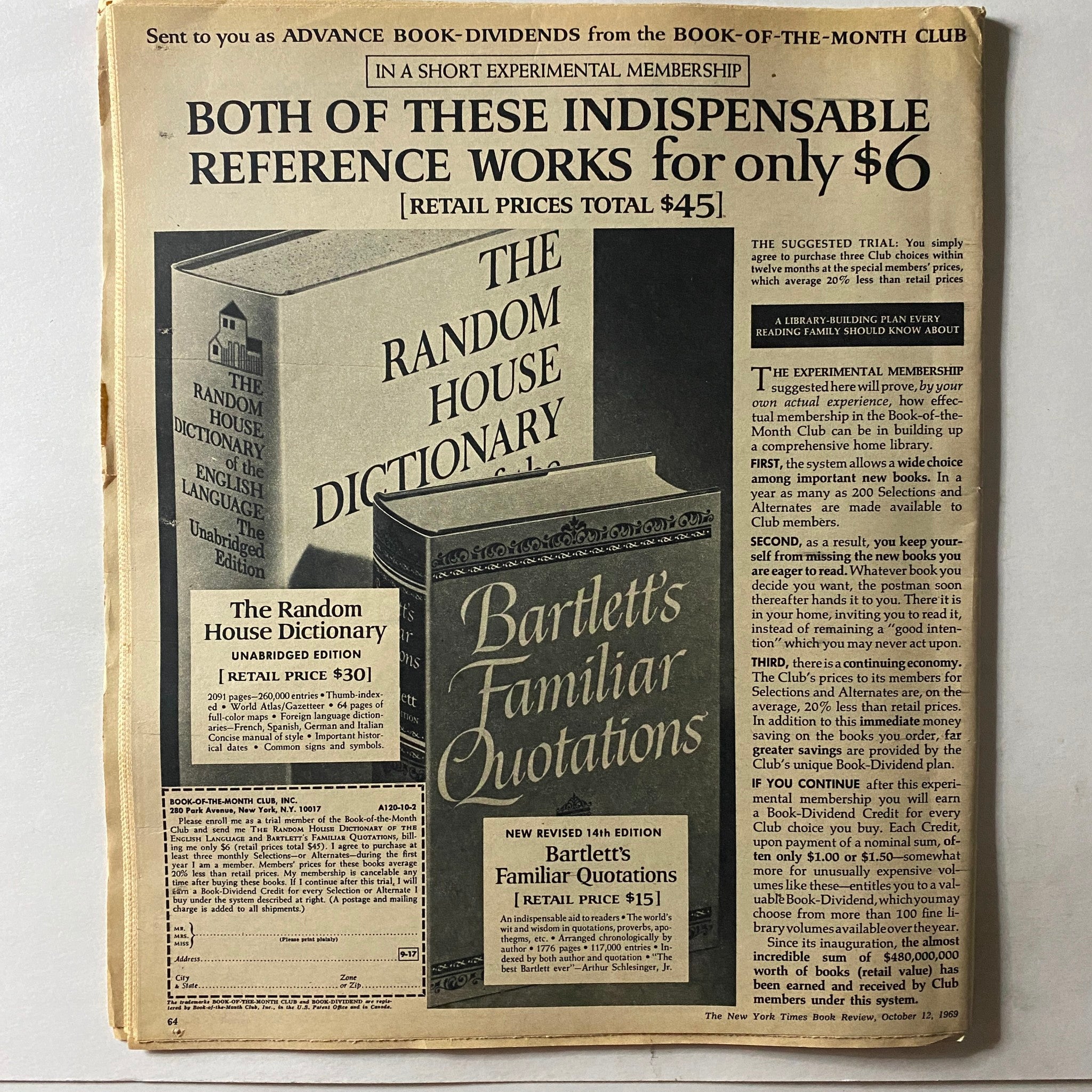 Vintage advertisement for The Random House Dictionary and Bartlett's Familiar Quotations featured in The New York Times Book Review from October 12, 1969, showcasing literary resources for book enthusiasts.