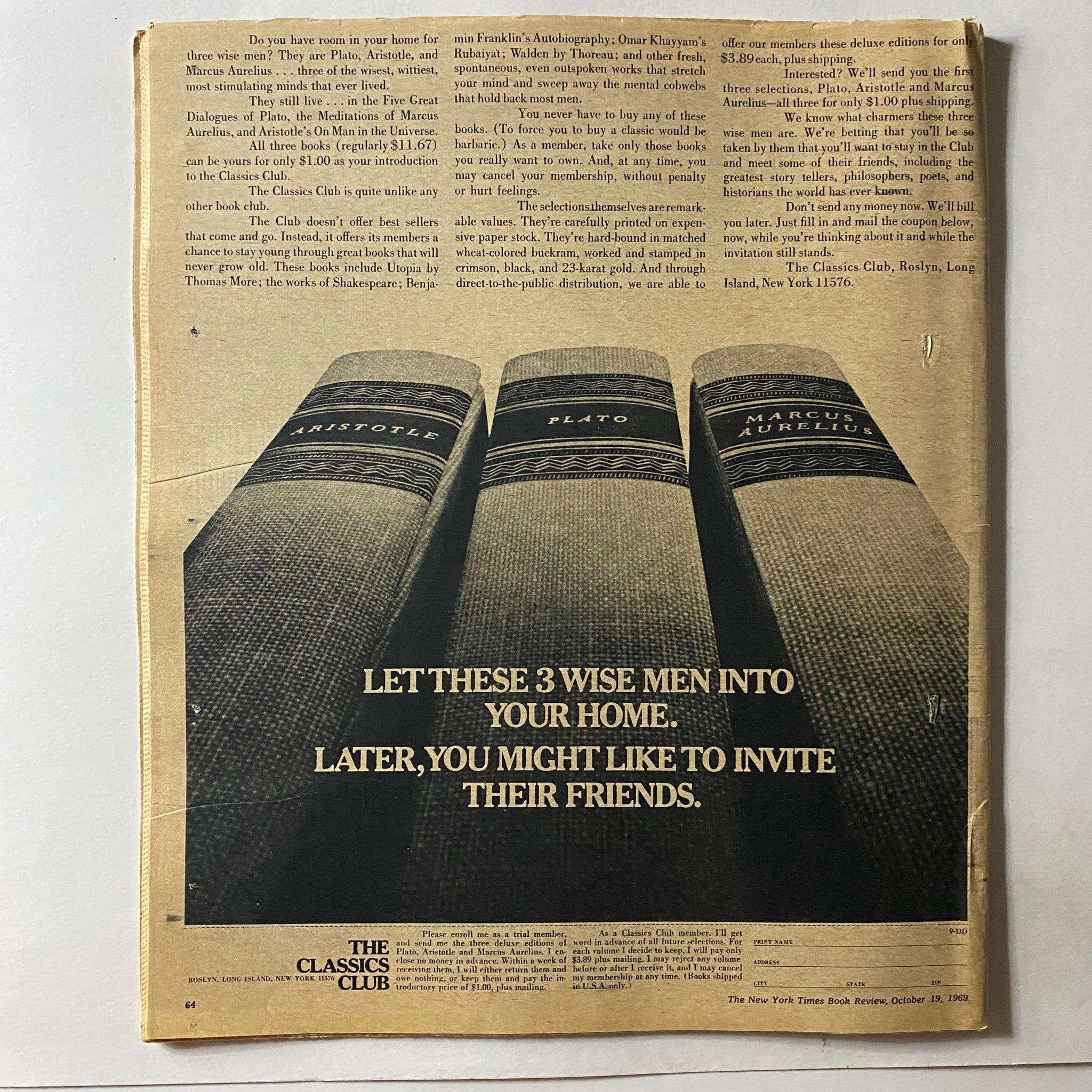 Back cover of The New York Times Book Review October 19 1969 featuring an advertisement for The Classics Club with a visual of three leather-bound books and the text 'Let these 3 wise men into your home. Later, you might like to invite their friends.'