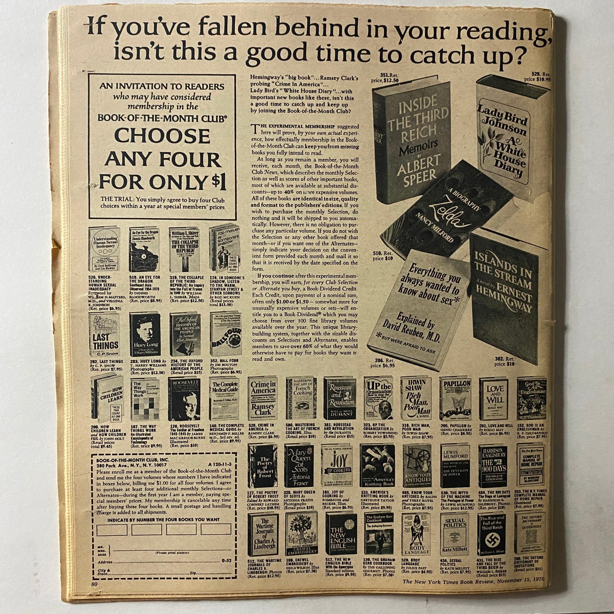 Back cover of The New York Times Book Review from November 15, 1970, displaying advertisements and offers for book subscriptions.
