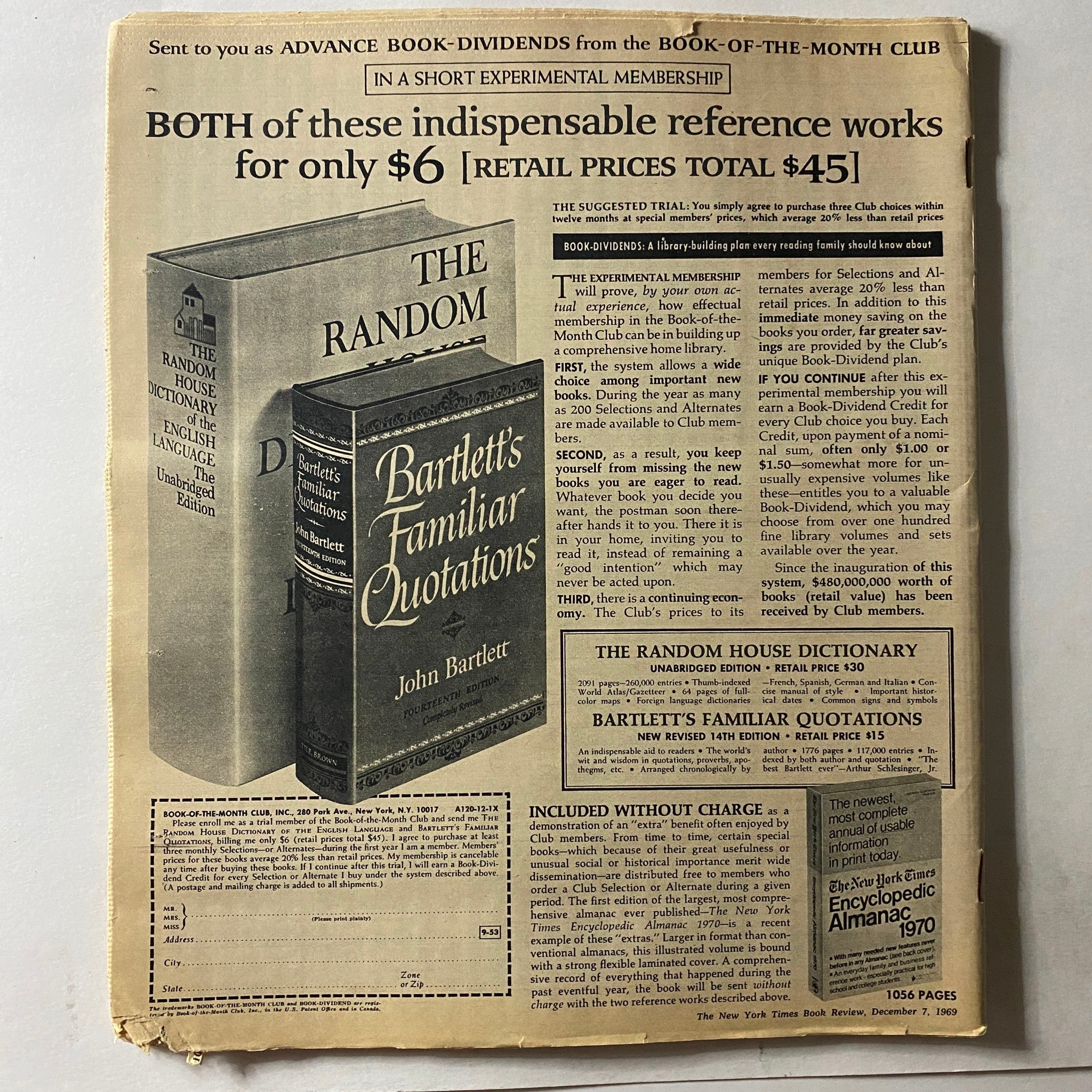 The New York Times Book Review December 7 1969 Christmas Issue showcasing the back cover with advertisement for books from the Book-of-the-Month Club, displaying titles like 'Bartlett's Familiar Quotations' and 'The Random House Dictionary'.