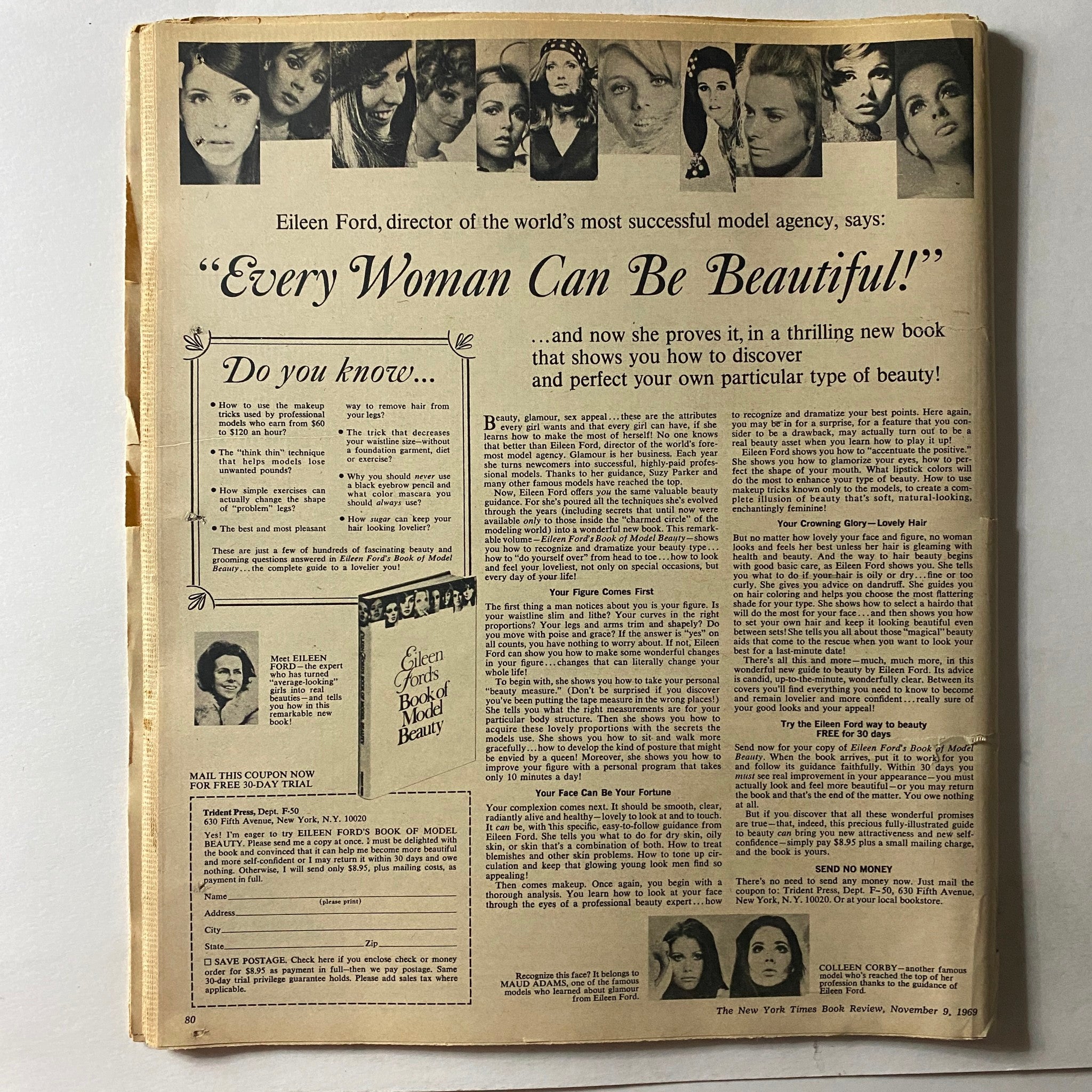 Back cover of The New York Times Book Review, November 9, 1969, showcasing an advertisement for Eileen Ford's Book of Model Beauty with portraits of famous models and beauty tips.