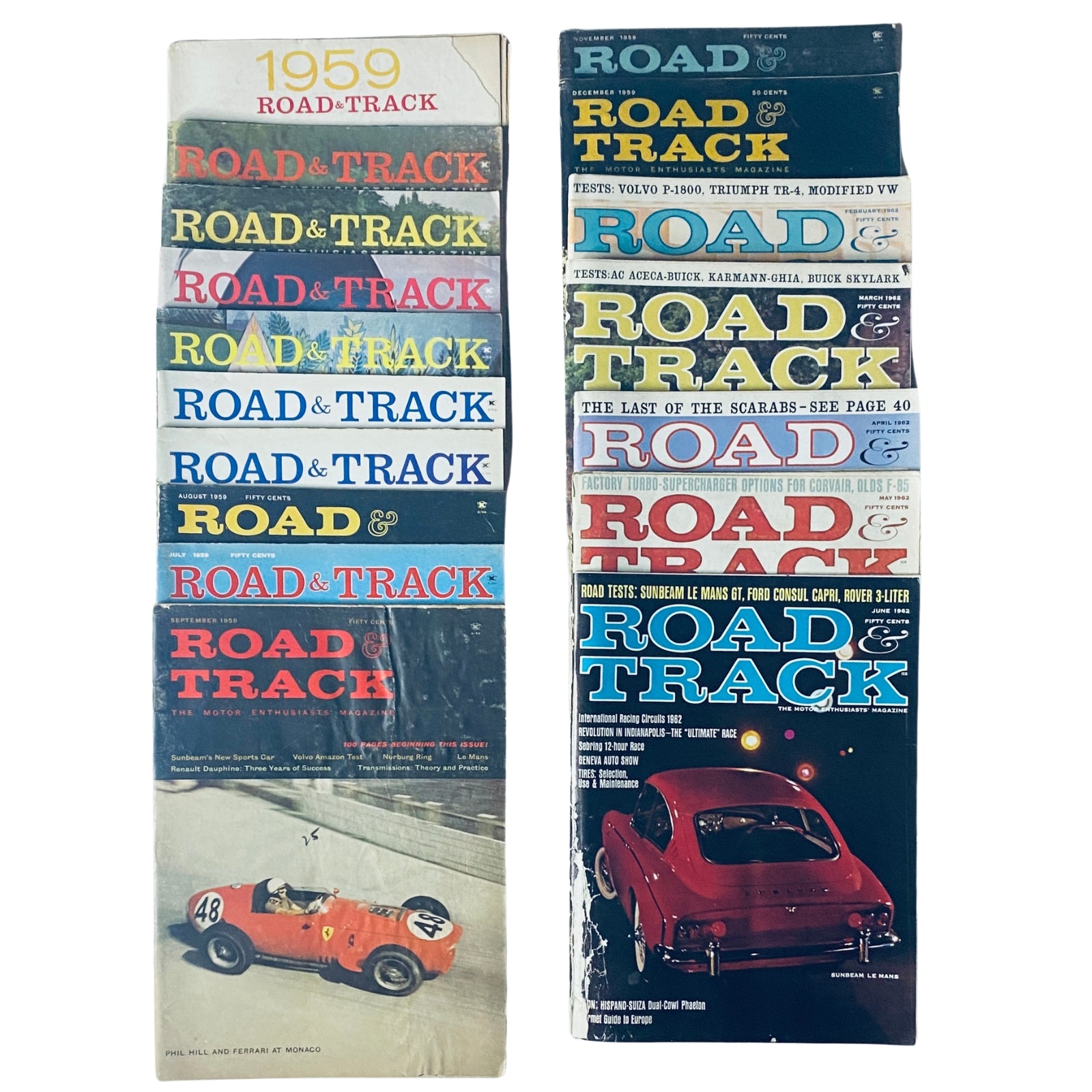 Lot of 17 Road & Track Magazines 1959 1962 Auto Racing Car Back Issues featuring vintage car covers and automotive themes.