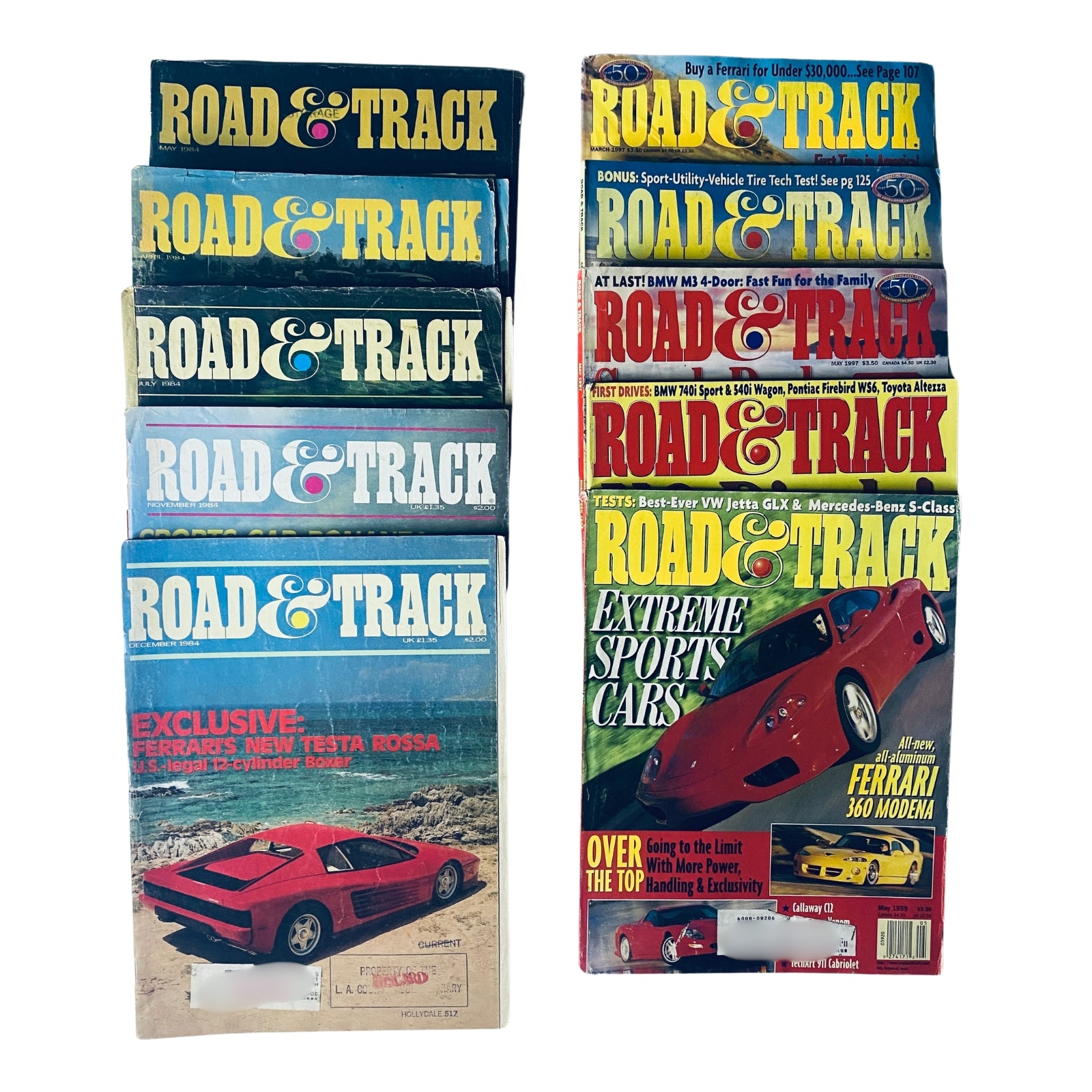 Lot of 10 Road & Track Magazines from 1984, 1997, and 1999 showcasing classic car automotive journalism; includes covers featuring various iconic cars and events.