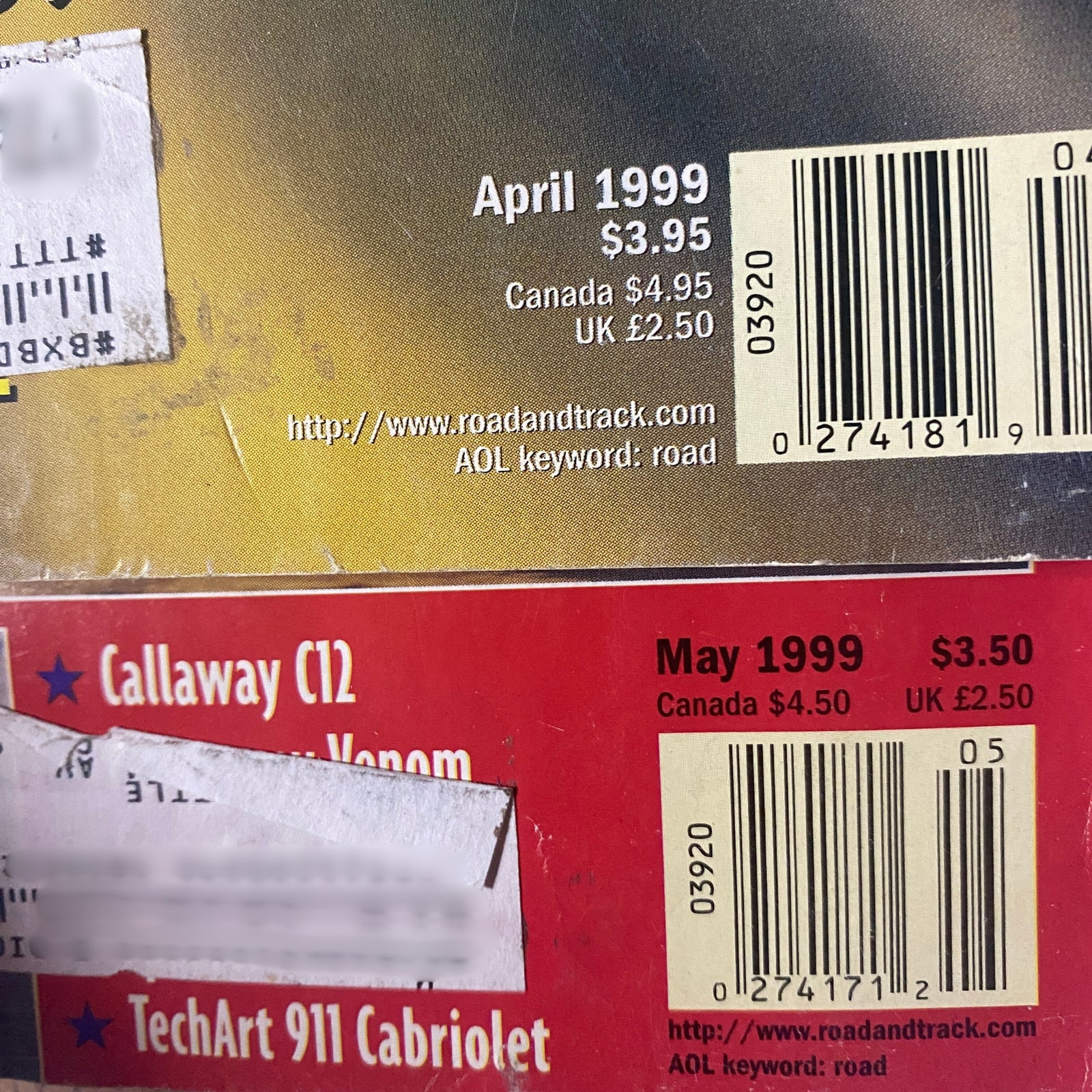 Cover details of Road & Track magazines from April and May 1999, showcasing subscription information and pricing, related to the Lot of 10 Road & Track Magazines – 1984, 1997, 1999.