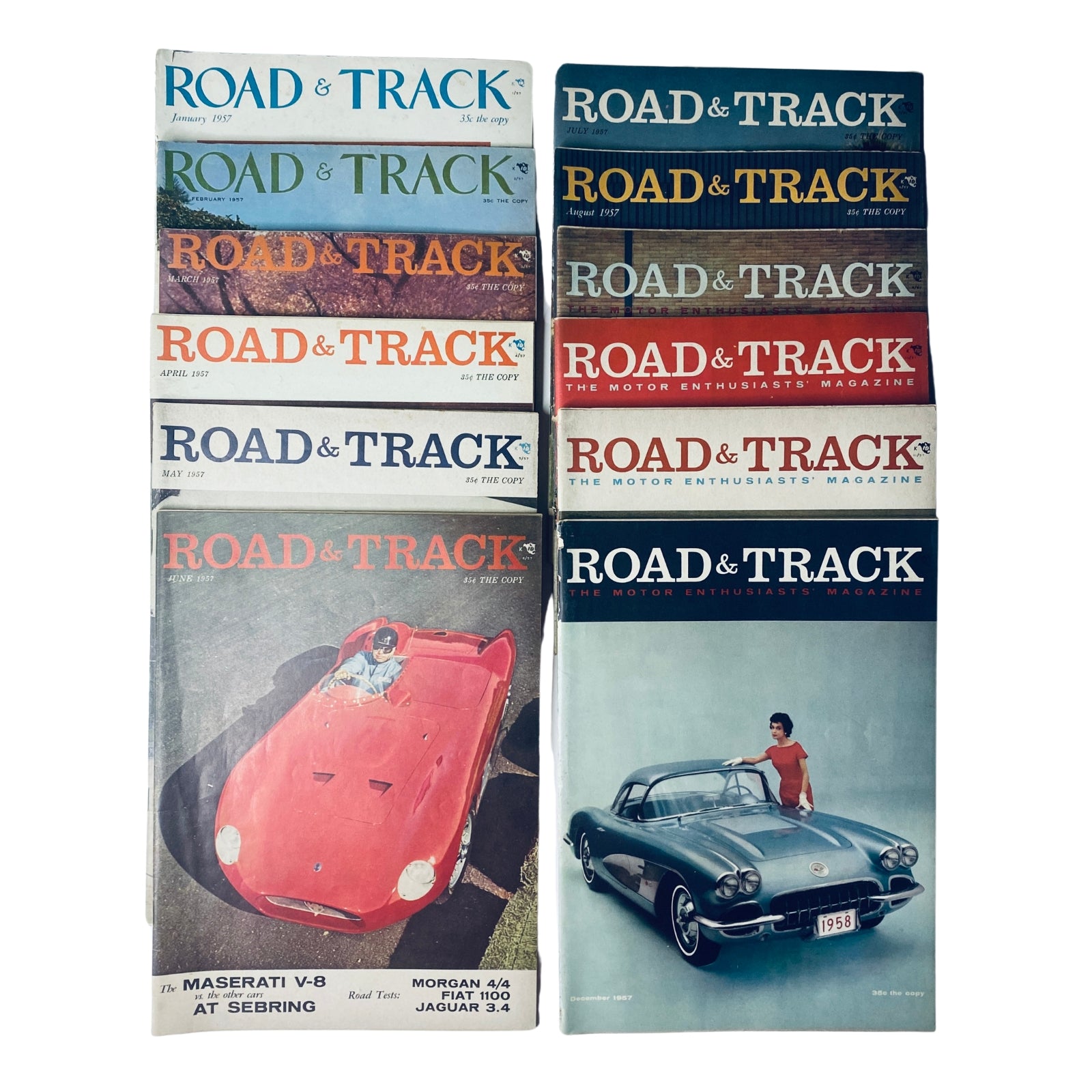 Lot of 12 Road & Track Magazines – Full Year January to December 1957 featuring covers from various months showcasing classic cars and automotive culture.