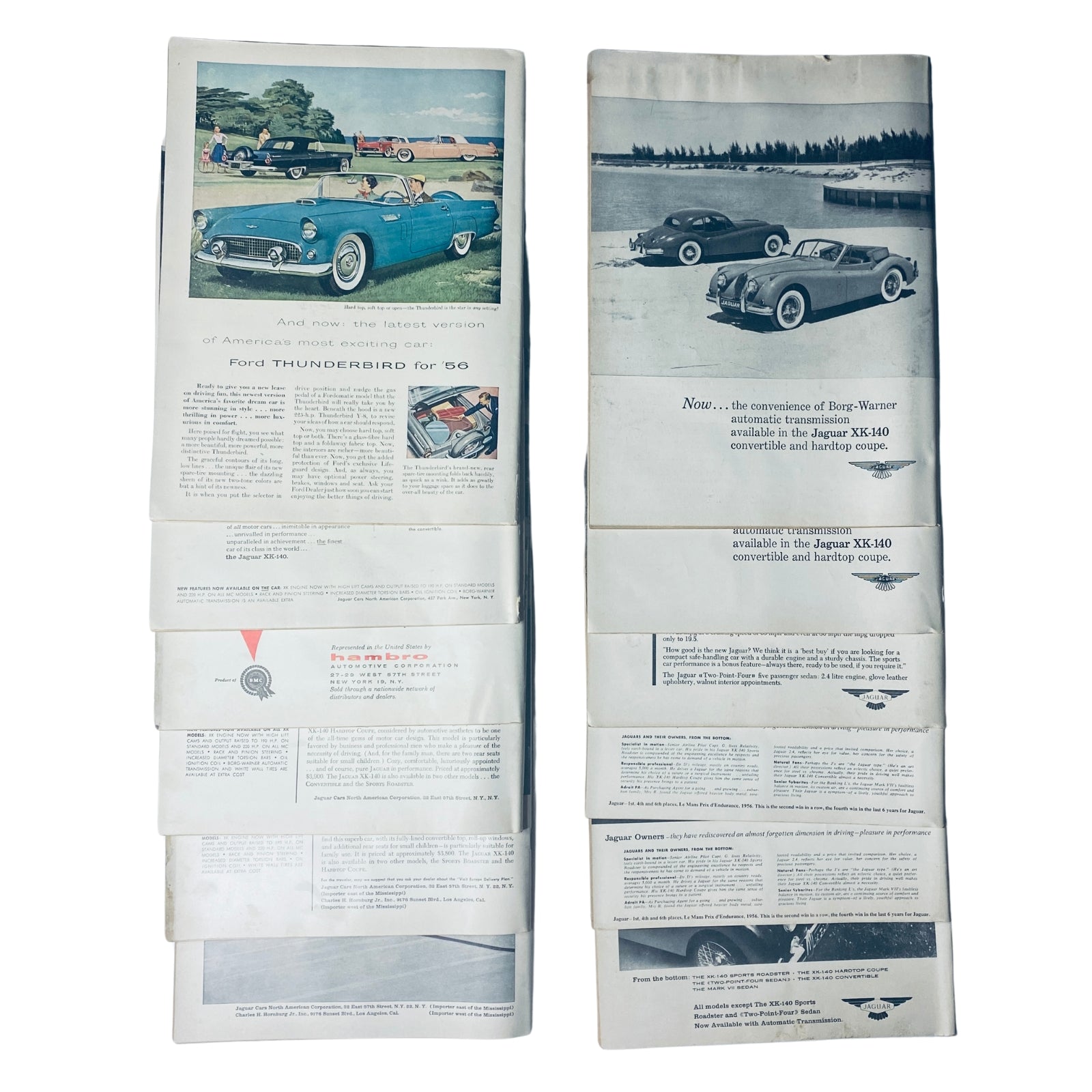 Lot of 12 Road & Track Magazine Full Year January - December 1956, showcasing advertisements for cars including Ford Thunderbird in vintage layout.
