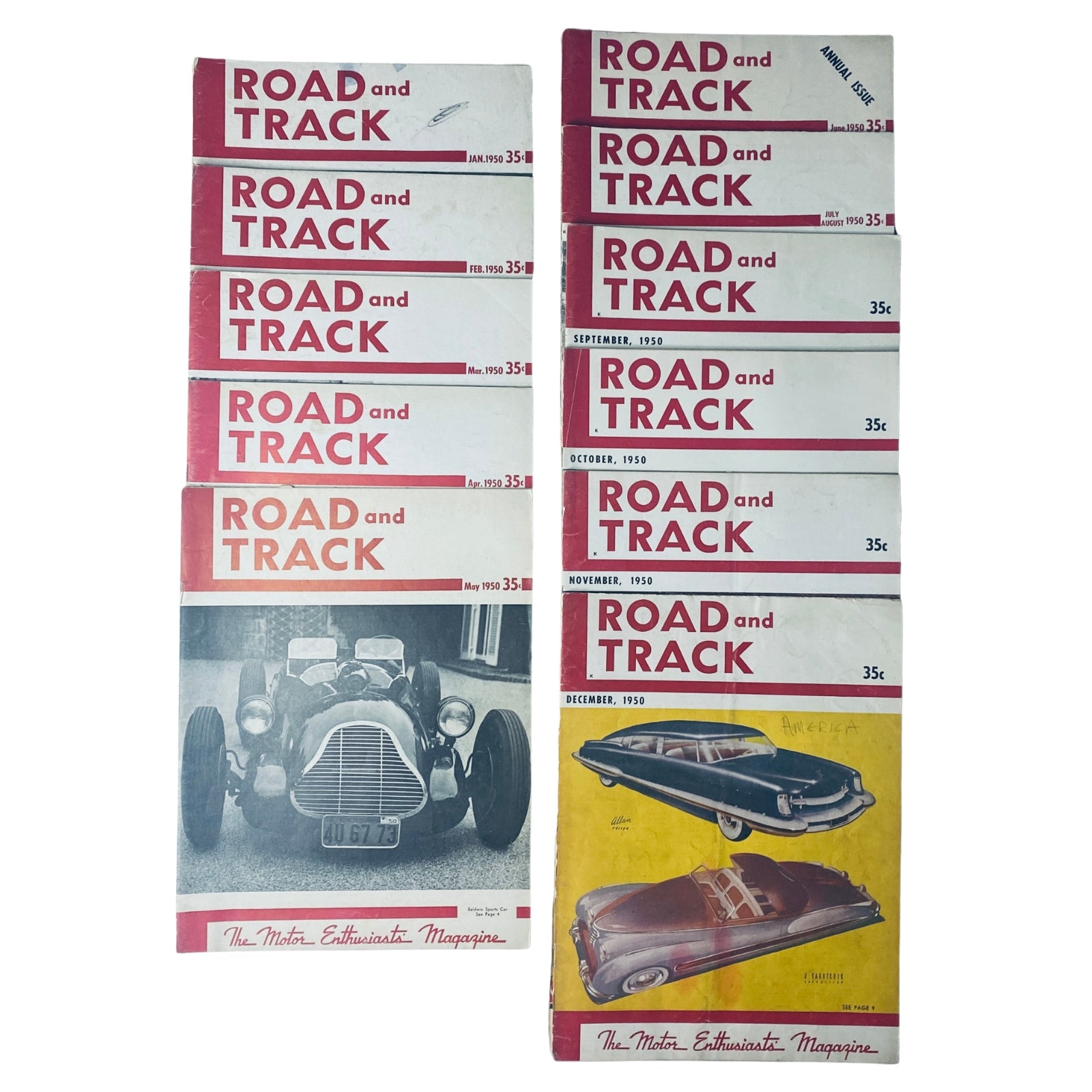 Lot of 12 Road and Track Magazine January to December 1950 featuring covers from each month, showcasing classic automotive design and vintage car culture.
