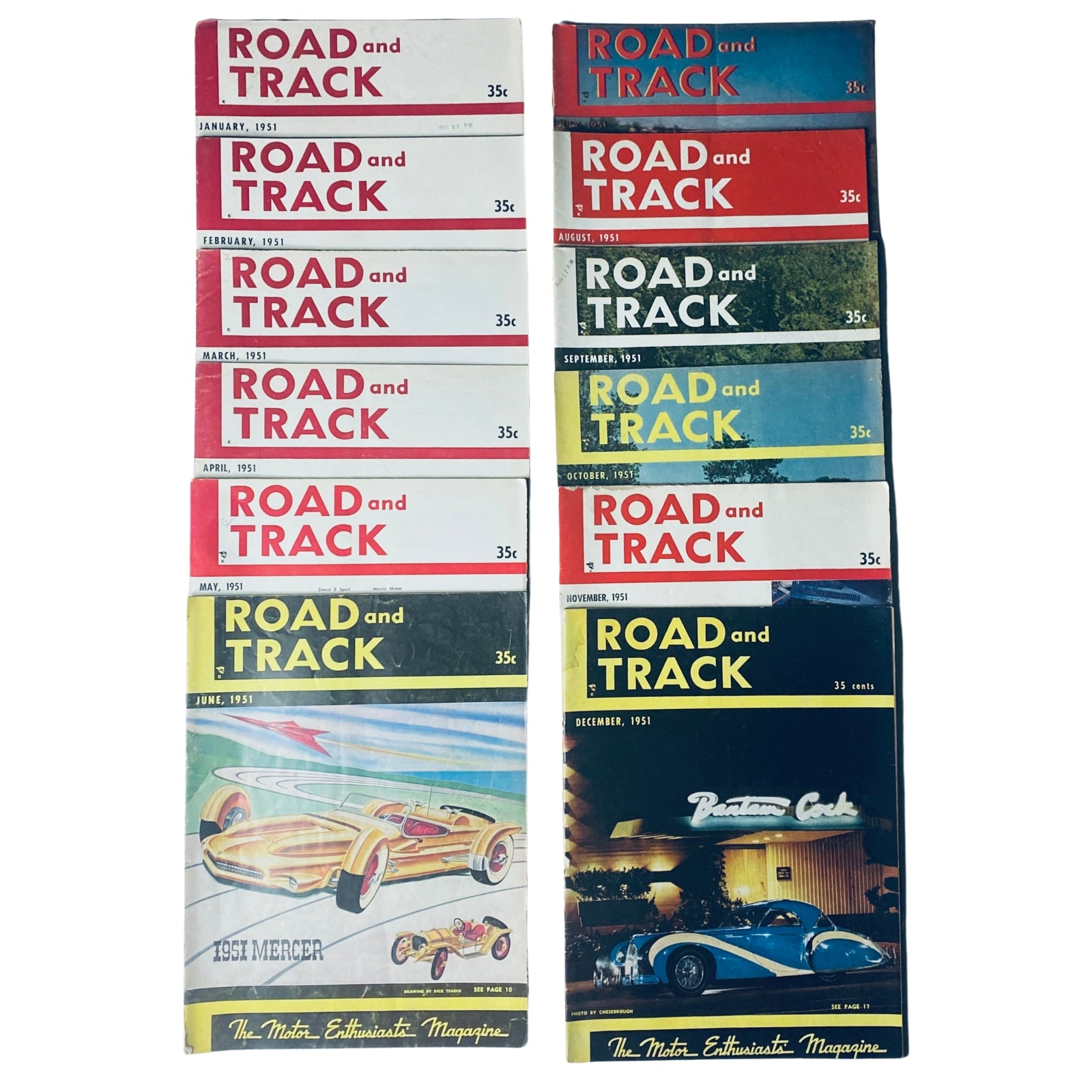 Lot of 12 Road & Track Magazine Full Year January - December 1951 showcasing vintage automotive culture with covers from each month highlighting classic cars and racing features.