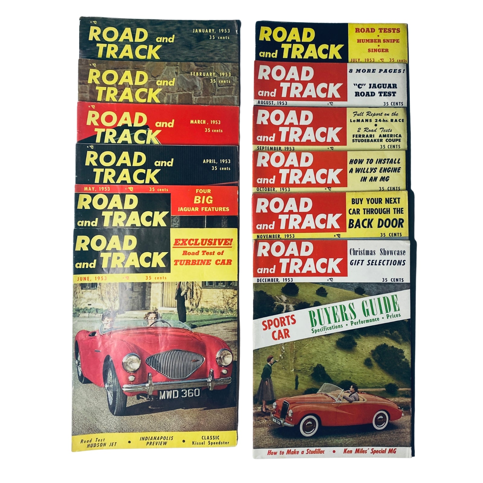 Lot of 12 Road & Track Magazines 1953 Full Year January - December showcasing vintage automotive covers, featuring colors and designs from each month including January to December issues.
