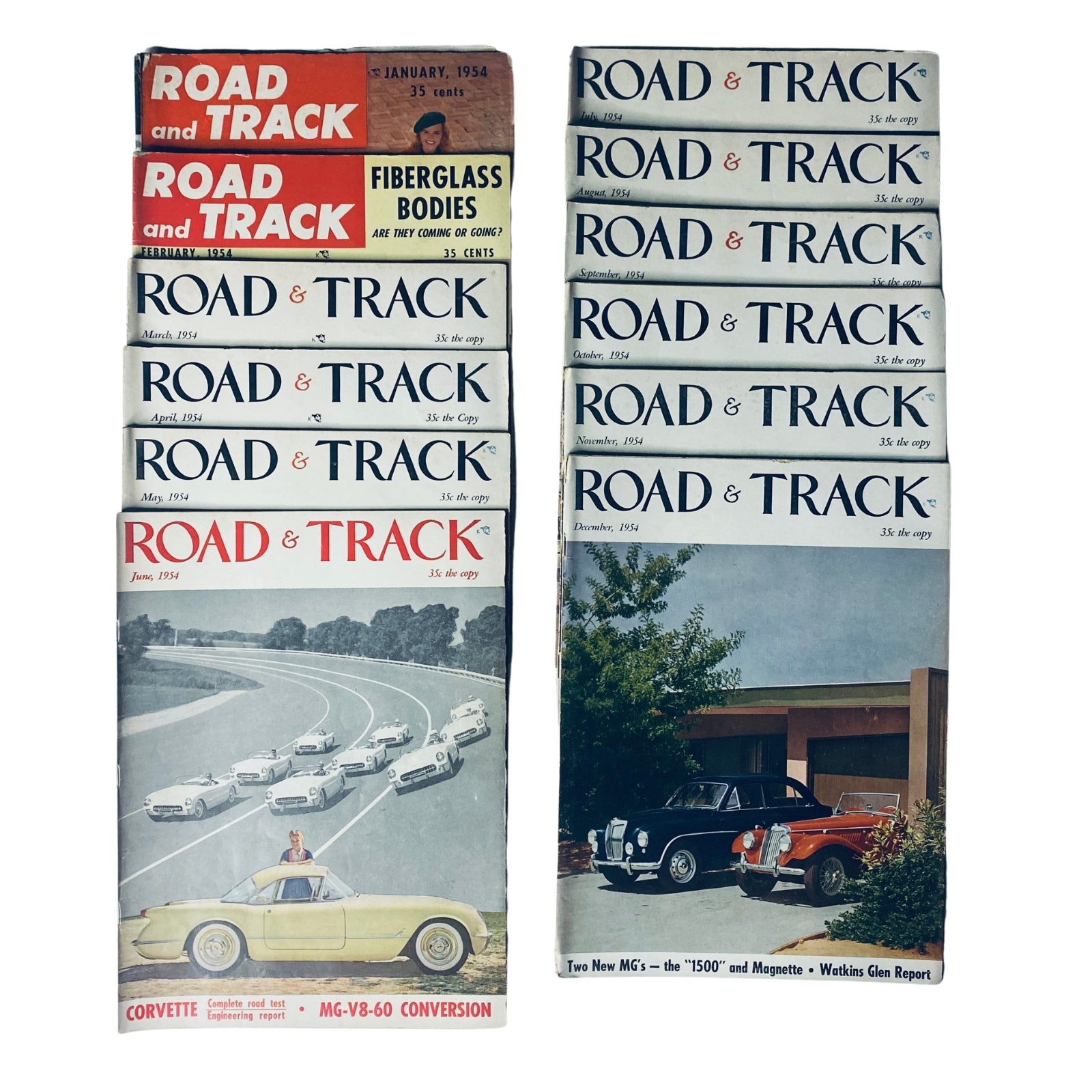 Lot of 12 Road & Track Magazines 1954 Car Auto Racing Full Year January-December, featuring January through September covers showcasing classic cars and racing themes.