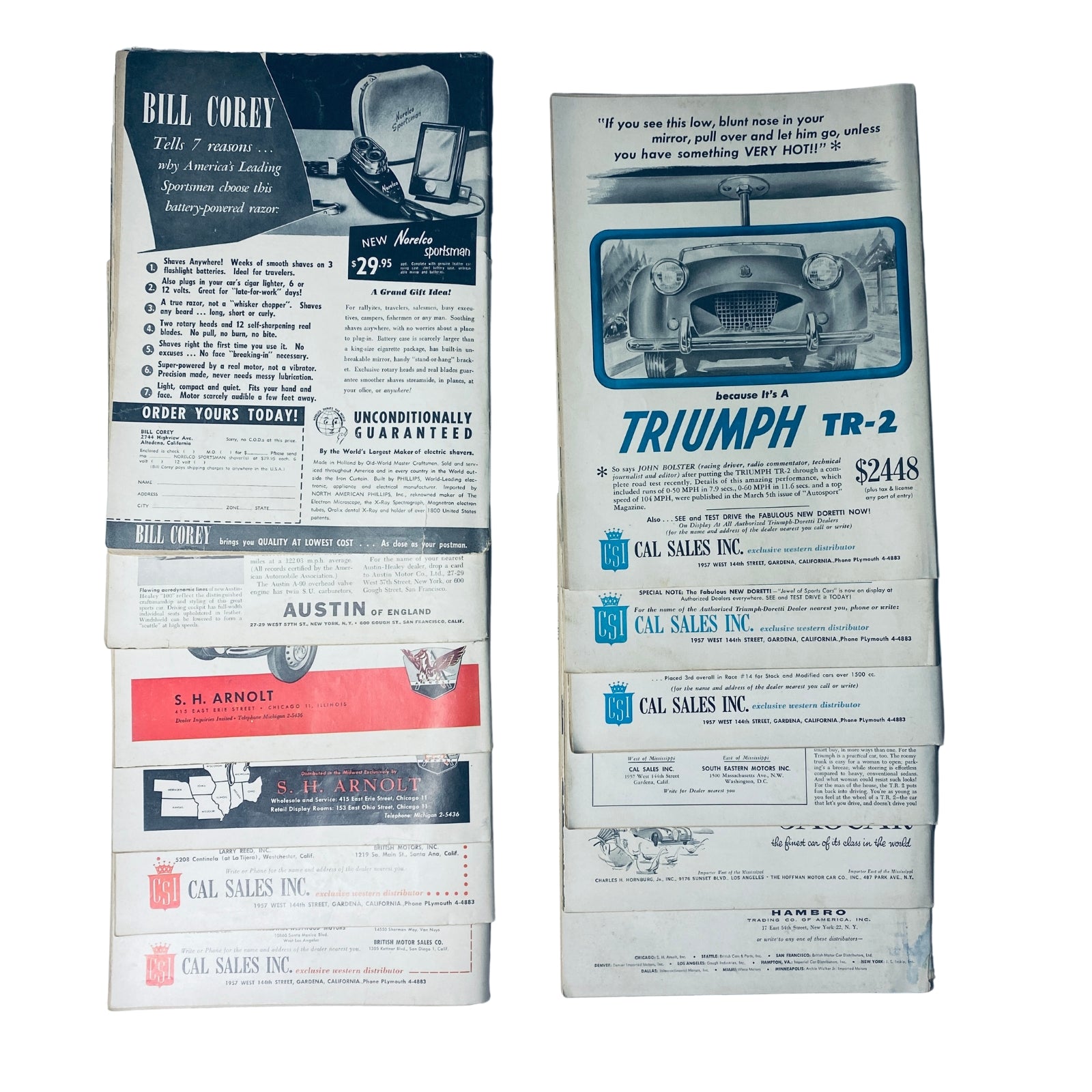 Lot of 12 Road & Track Magazines 1954 Car Auto Racing Full Year January-December, including advertisements and promotional content from the back covers of magazines.