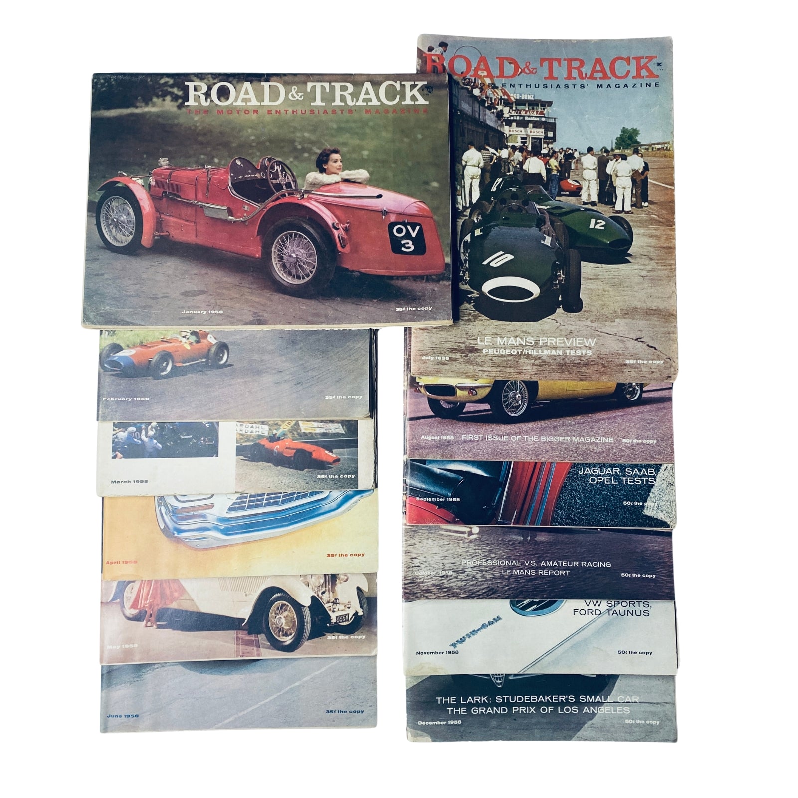 Lot of 12 Road & Track Magazines 1958 showcasing vintage automotive cover designs, featuring classic cars and racing previews from January to December. Perfect for car enthusiasts and collectors.