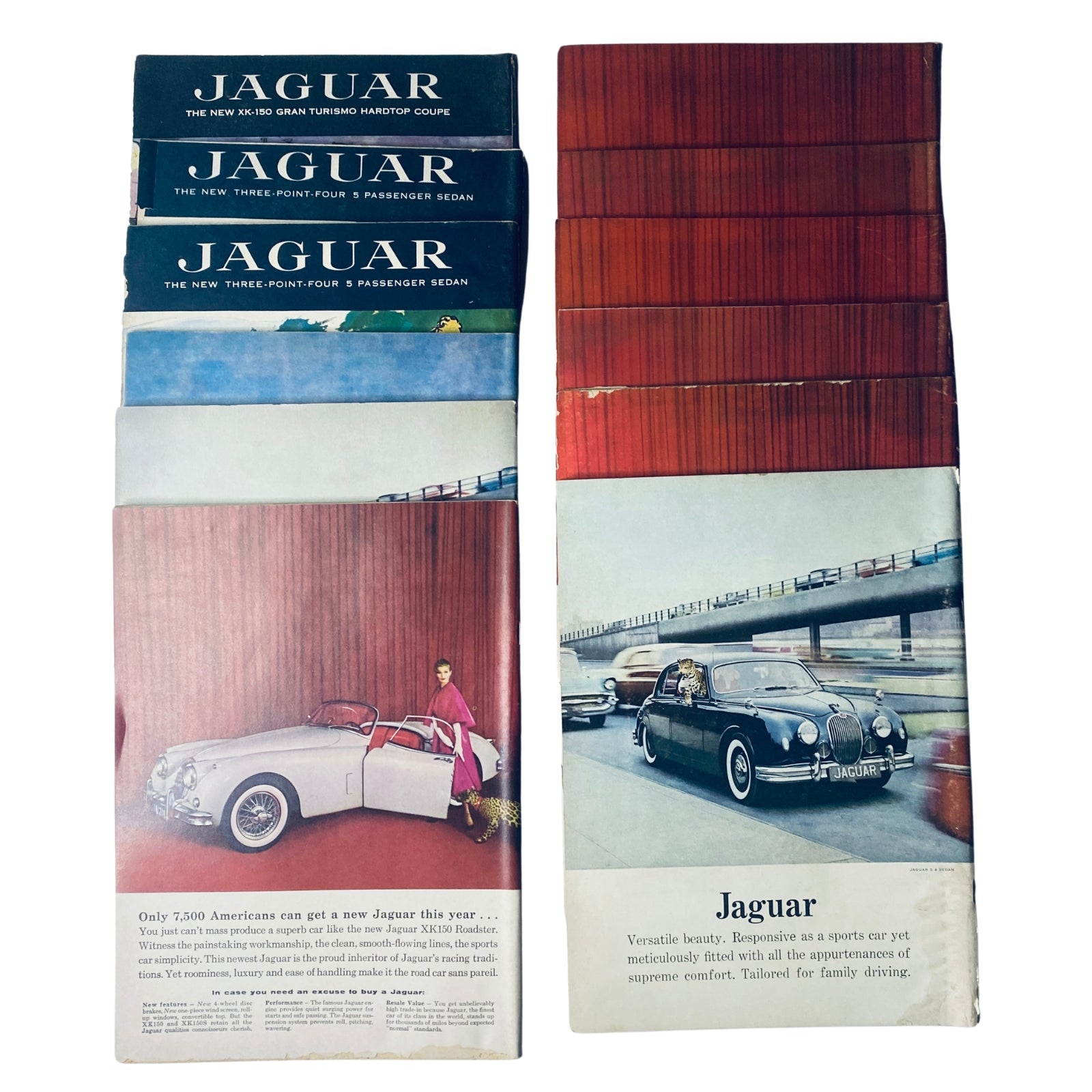 Lot of 12 Road & Track Magazines 1958 showcasing an assortment of vintage automotive covers, with one prominently featuring a Jaguar car and stylish advertisements. This collection spans the full year, January to December, highlighting significant moments in auto racing history.