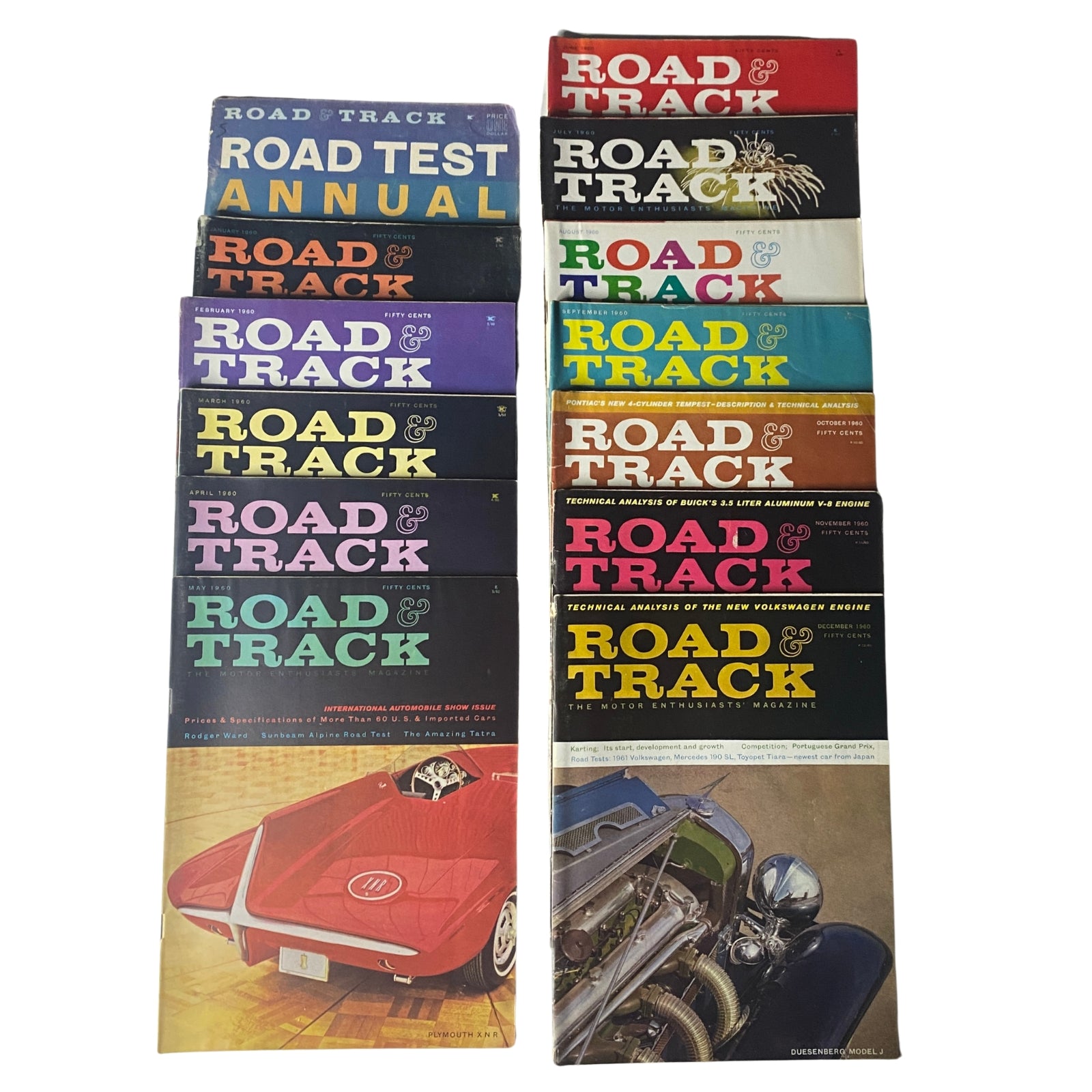 Lot of 13 Road & Track Magazine Complete January - December 1960, showcasing 12 monthly issues and the Road Test Annual, featuring cover designs and automotive themes from the golden age of motoring.