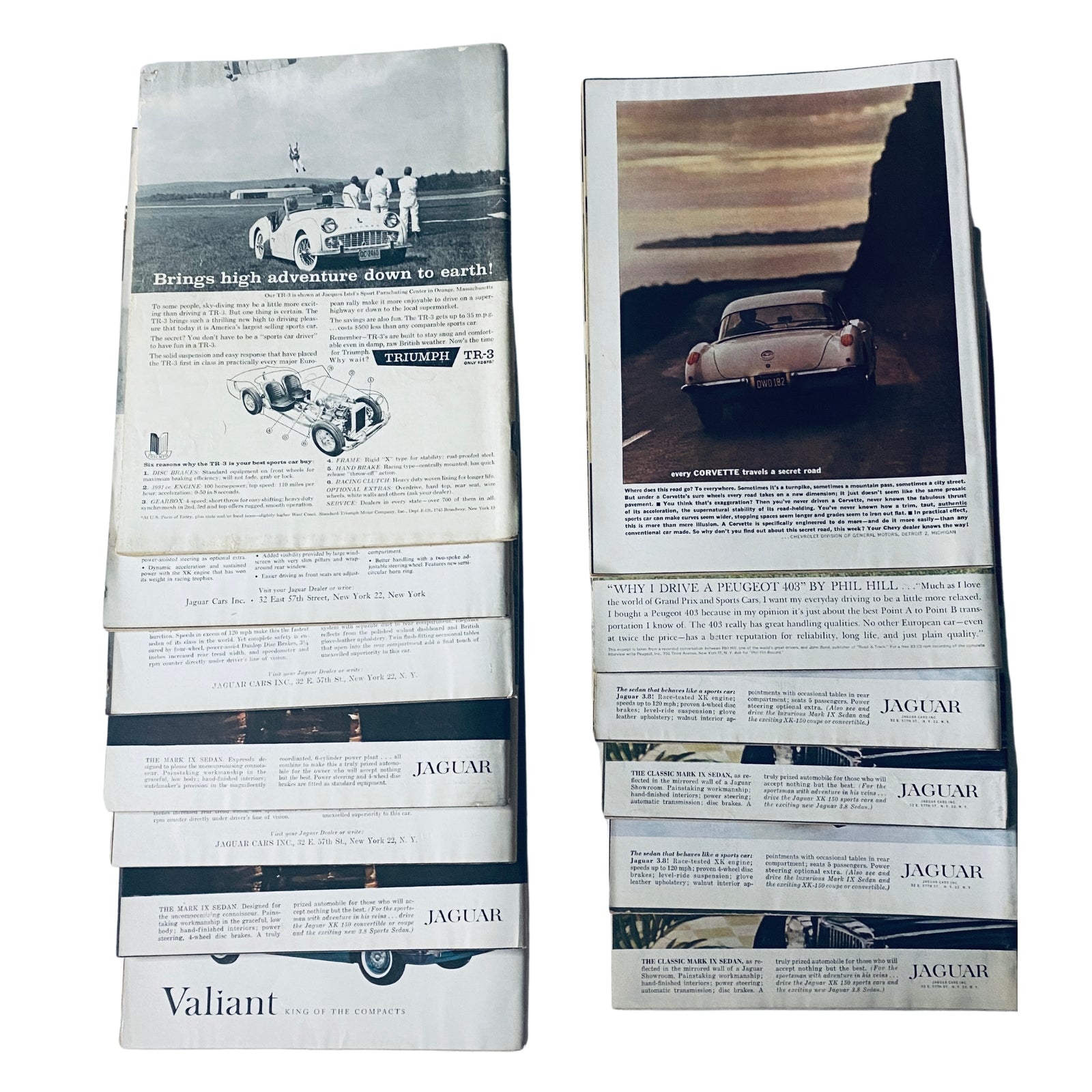Back covers of the Lot of 13 Road & Track Magazine Complete January - December 1960, highlighting vintage advertisements for Jaguar and Triumph, considered essential reading for automotive enthusiasts.