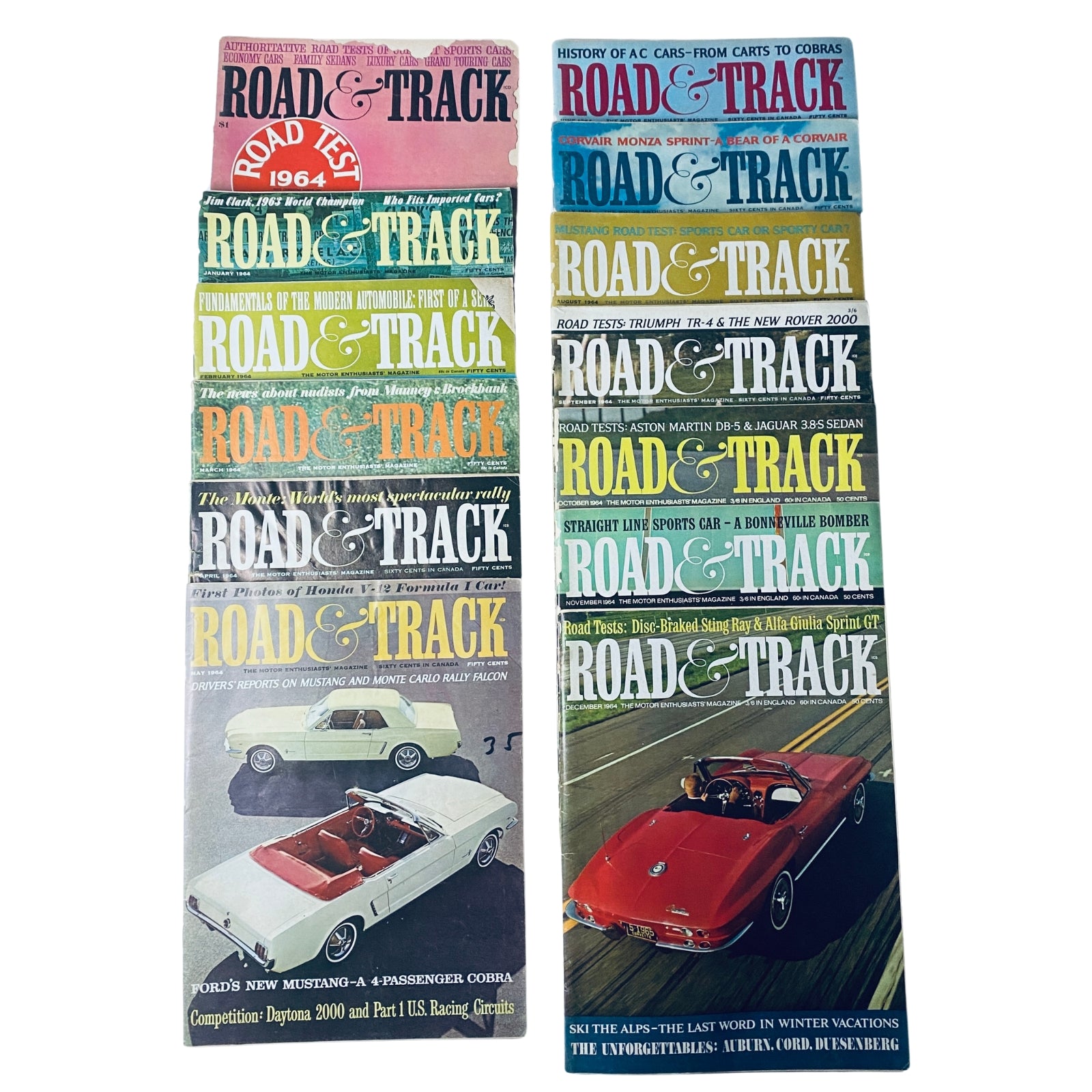 Lot of 13 Road & Track Magazines 1964 Full Year January-December + Road Test displayed together, showcasing vintage automotive covers from each month of 1964.