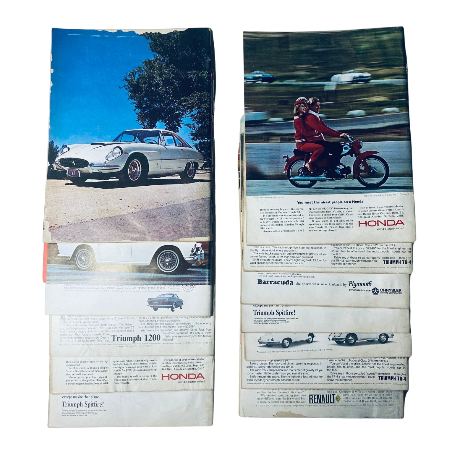 Lot of 13 Road & Track Magazines 1964 Full Year January-December + Road Test featuring a collection of vintage advertisements for cars and motorcycles from 1964.