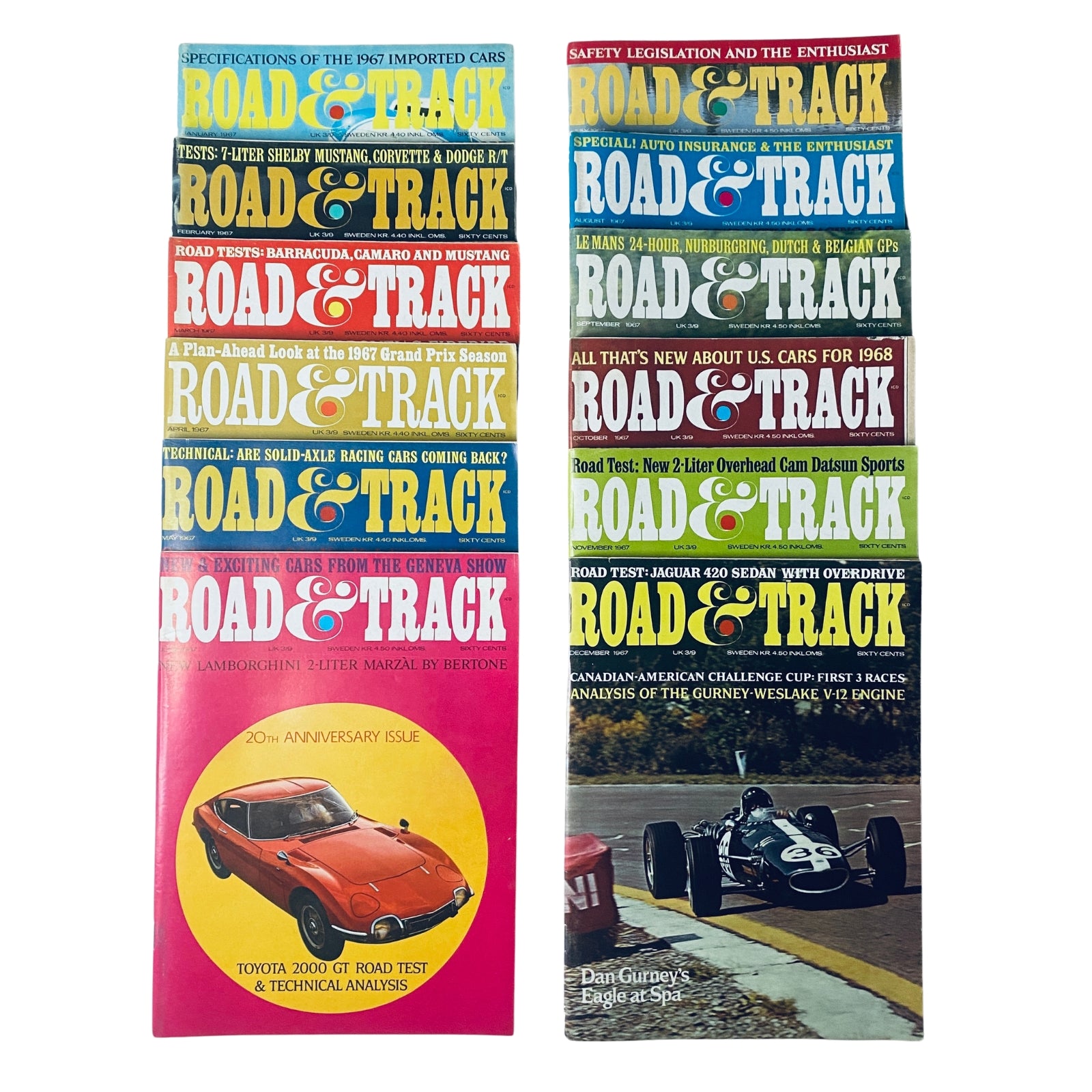 Lot of 12 Road & Track Magazines 1967 featuring covers that highlight car models, racing legislation, and automotive specifications, showcasing a full year of classic automotive journalism.