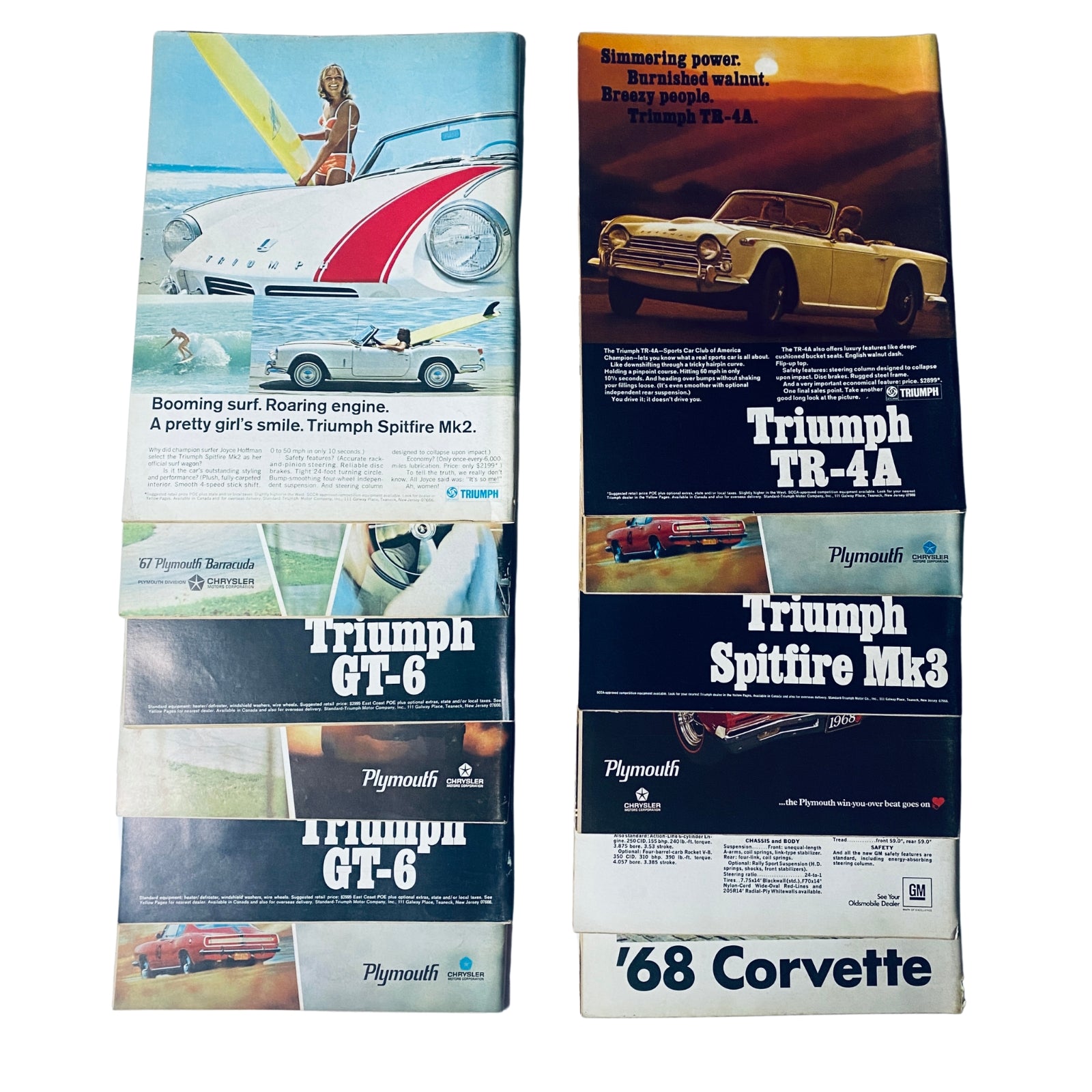 Lot of 12 Road & Track Magazines 1967 displaying vintage advertisements for cars like the Triumph Spitfire and Corvette, encapsulating the aesthetics and technical aspects of 1960s automotive culture.