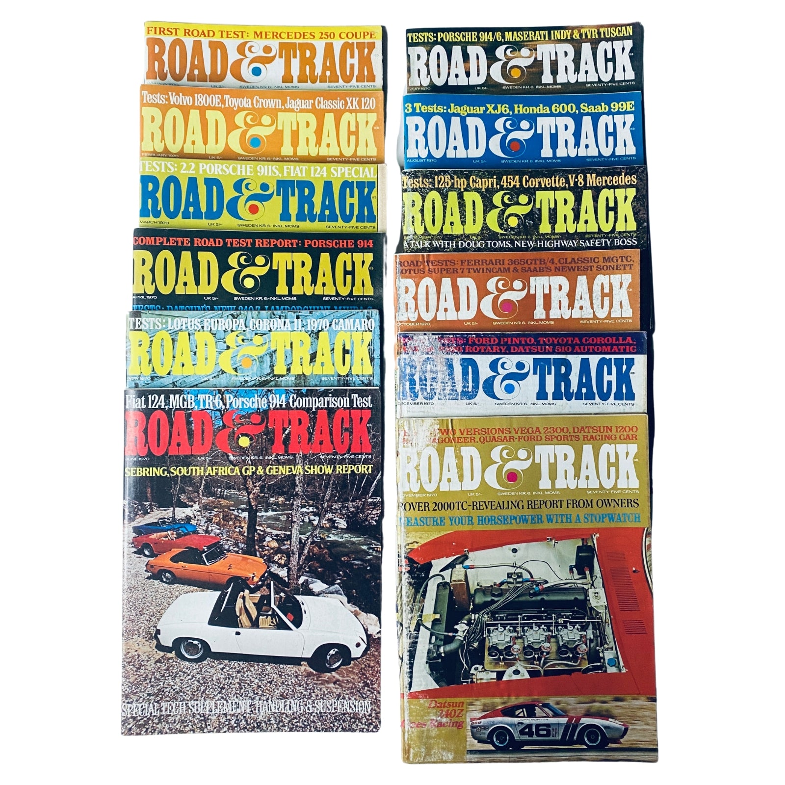 Lot of 12 Road & Track Magazines 1970 Car Auto Racing Full Year January-December showcasing vibrant covers and automotive photography, featuring various car models and detailed reports from the racing world.
