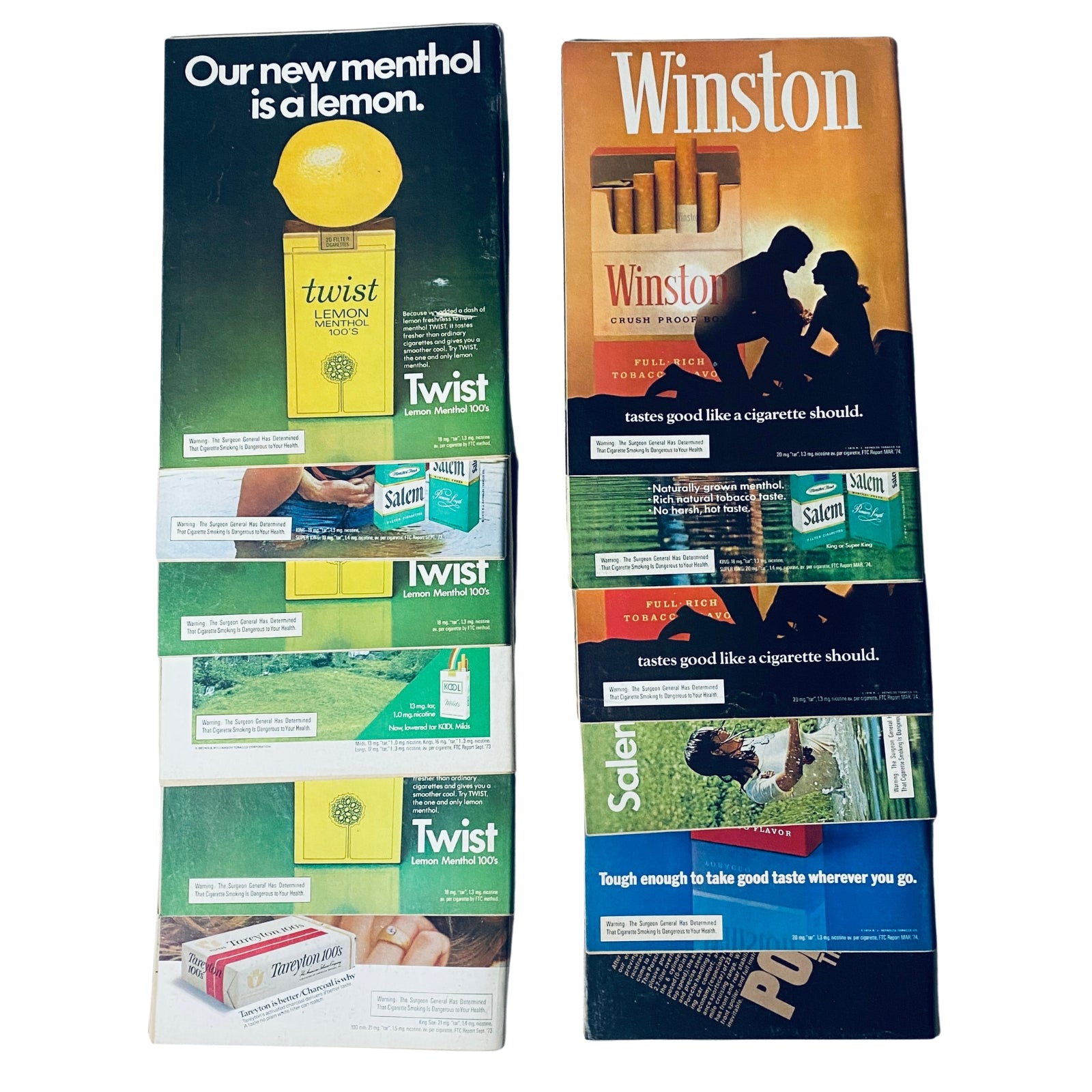Lot of 12 Road & Track Magazines 1974 Car Auto Racing Full Year January-December showcasing advertisements on the back covers, including Winston and Twist brands.