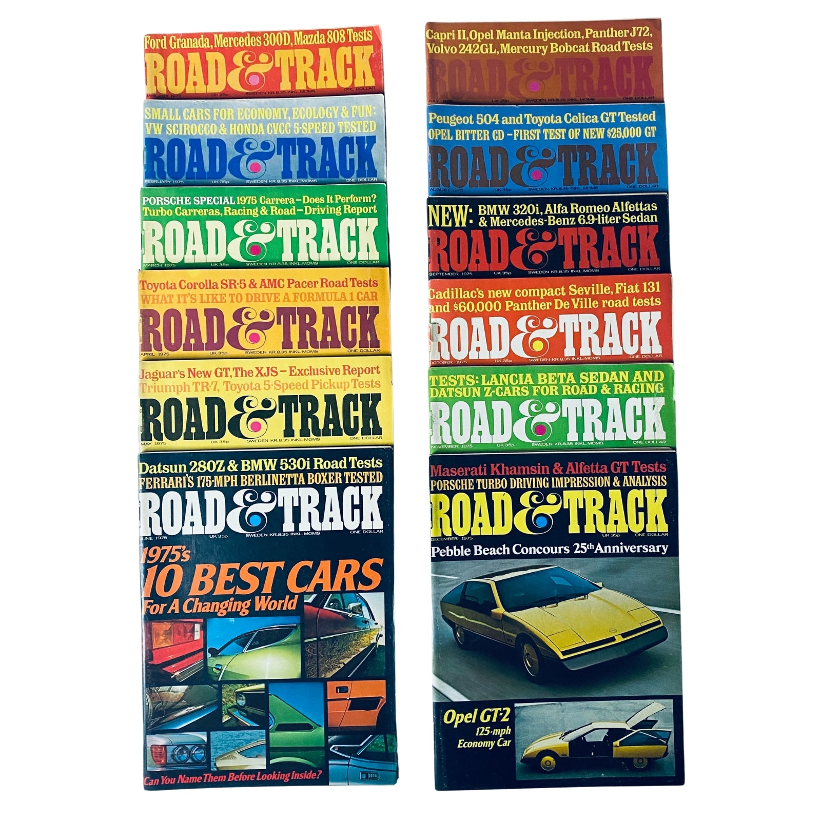 Lot of 12 Road & Track Magazines 1975 showcasing various car models and automotive themes for the full year January to December, featuring issues like Datsun 280Z and BMW 530 Road Tests.