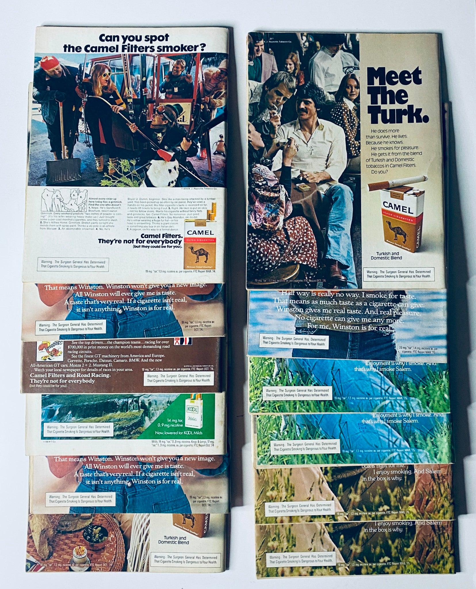 Reverse side of Lot of 12 Road & Track Magazines 1975, featuring Camel Filters advertisements from the mid-1970s, demonstrating period marketing and lifestyle themes.