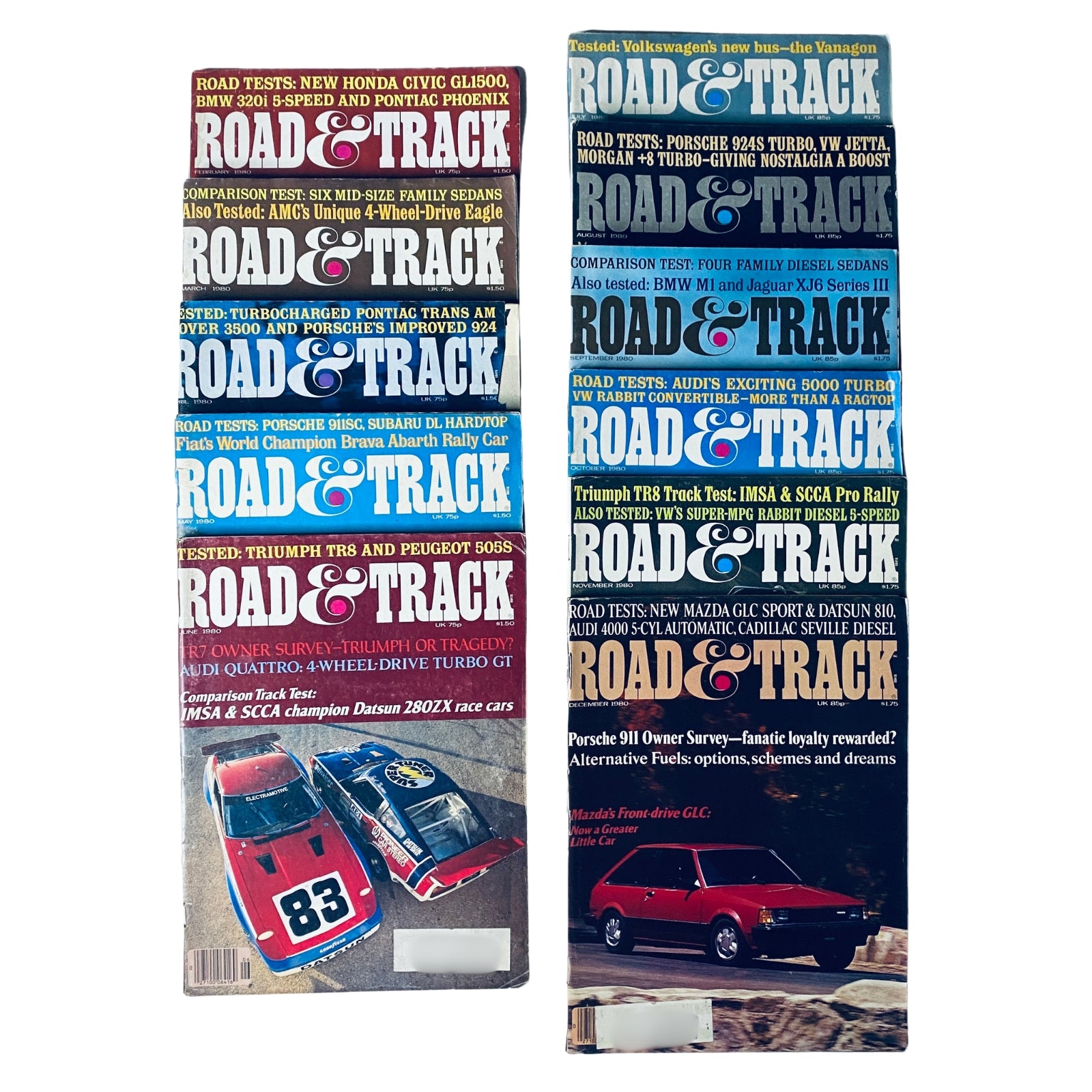 Lot of 11 Road & Track Magazines 1980 Car Auto Racing February-December Set showcasing various magazine covers featuring auto racing tests and reviews.