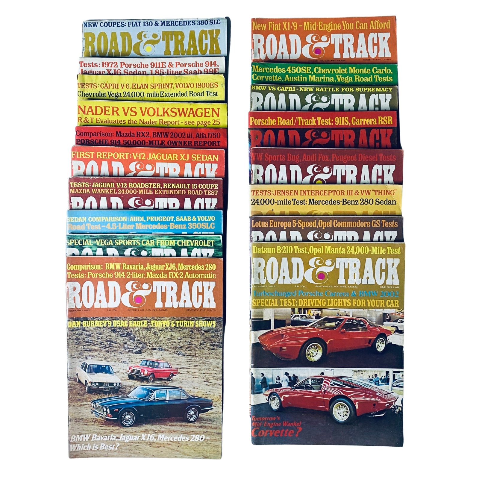 Lot of 18 Road & Track Magazines 1972–1973 showcasing various classic car features and auto racing insights, including images of cars and magazine covers.