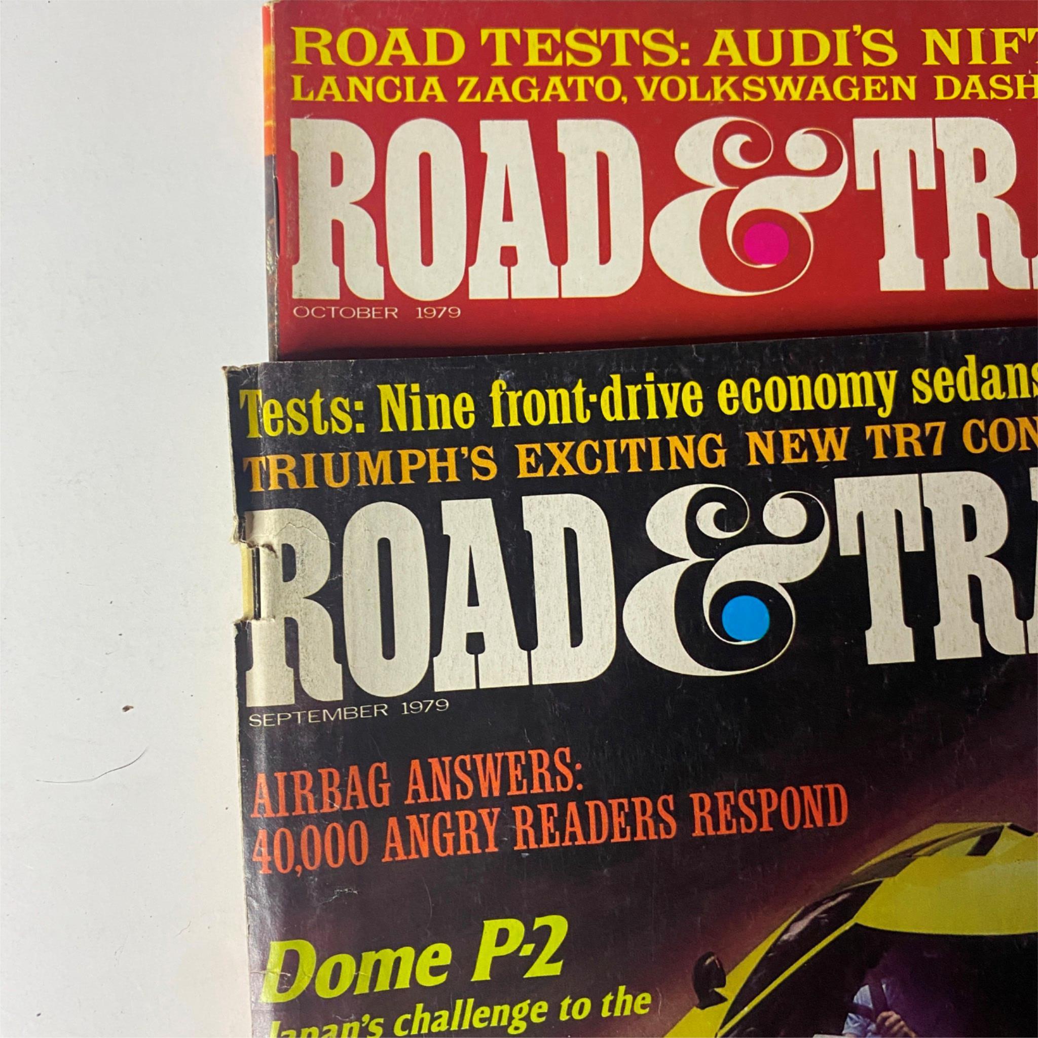 Cover image of Road & Track magazine issues from October and September 1979, part of the Lot of 24 Road & Track Magazines – 1976 to 1979 (Incomplete Months). This image features titles including 'Road Tests: Audi's Nifty Lancia Zagato, Volkswagen Dash' and 'Airbag Answers: 40,000 Angry Readers Respond'.