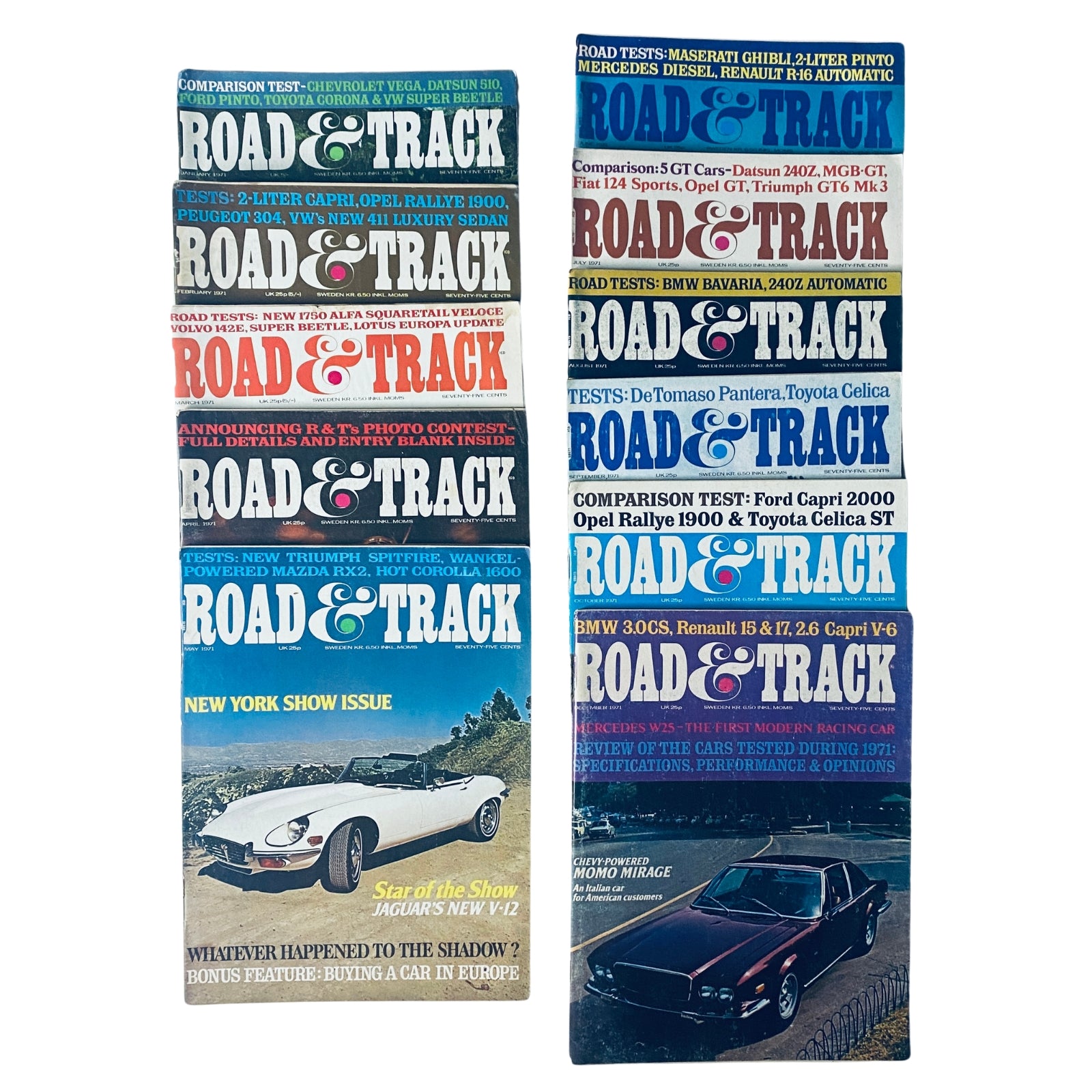 Cover of Lot of 11 Road & Track Magazines 1971 January to October, December Set showcasing classic car designs and road tests.