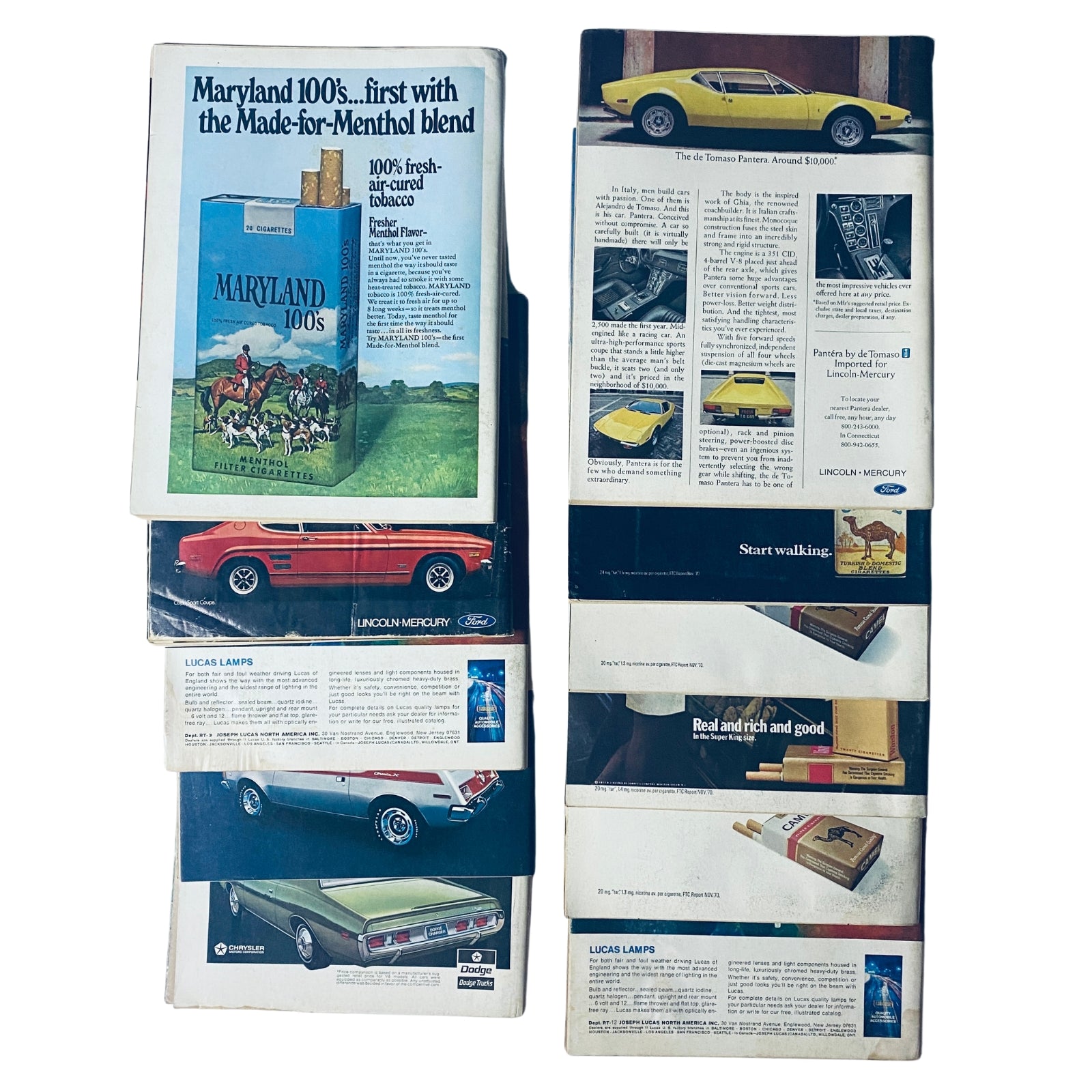 Featured advertisements and articles from Lot of 11 Road & Track Magazines 1971 January to October, December Set, highlighting vintage automotive brands.