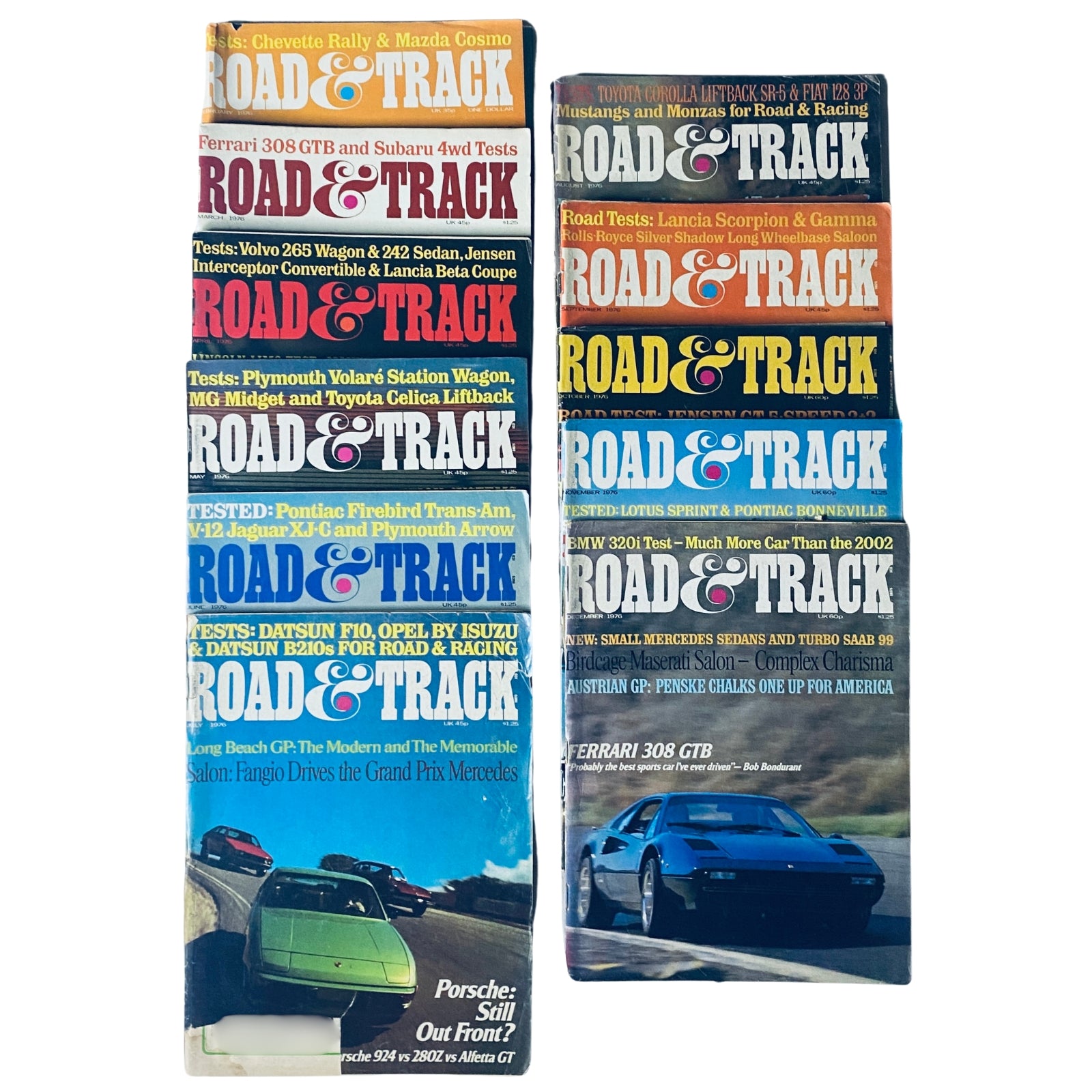 Cover of Road & Track magazine issues from February to December 1976, featuring topics on car reviews and racing.