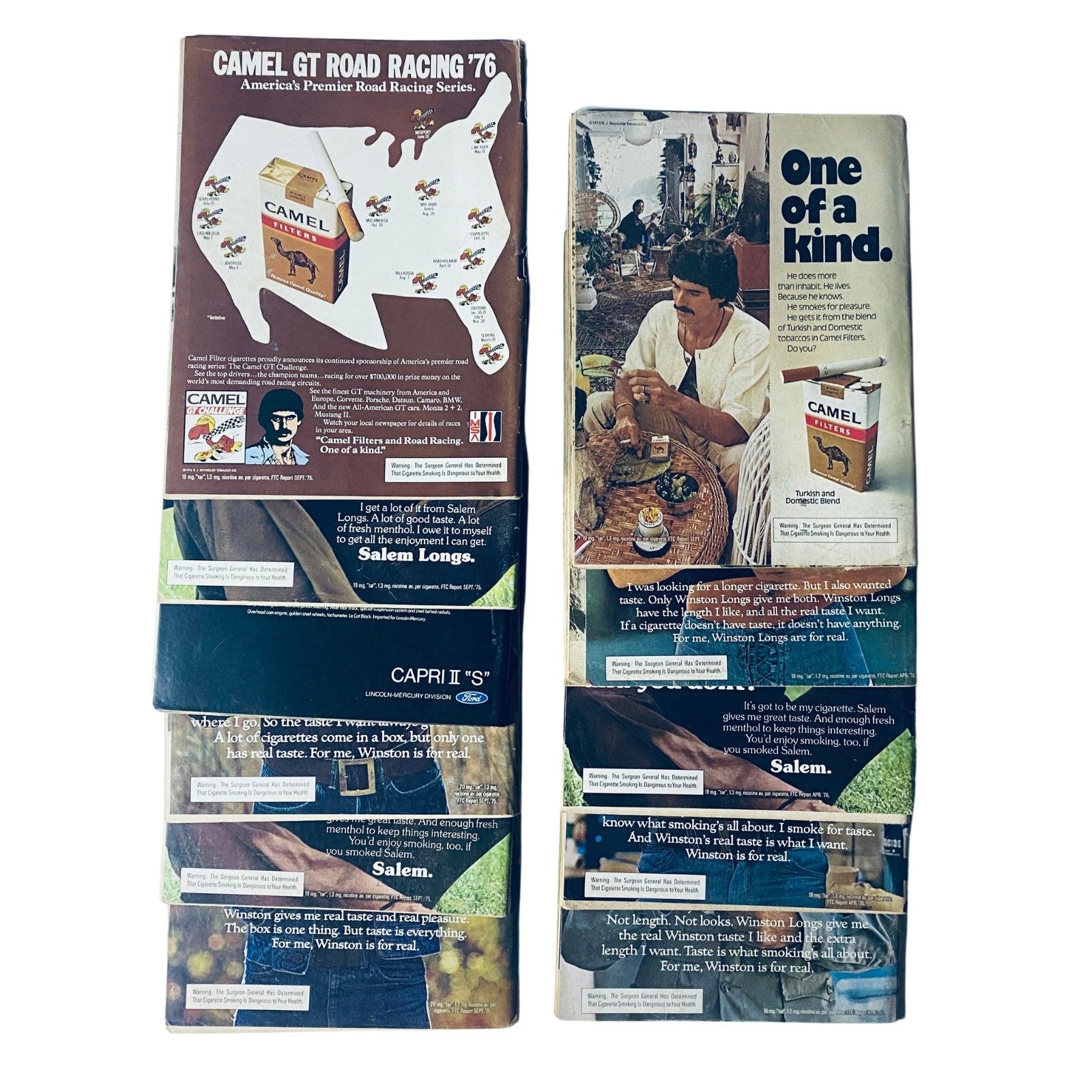Back covers of Road & Track magazine issues from 1976 showing advertisements and promotions related to automotive culture.