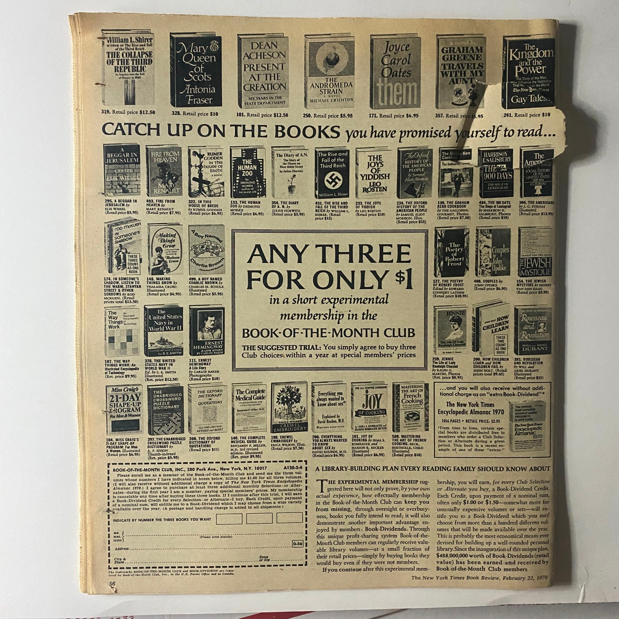 Back cover of The New York Times Book Review February 22 1970 showcasing multiple book advertisements and a promotional offer for a membership in the Book-of-the-Month Club.