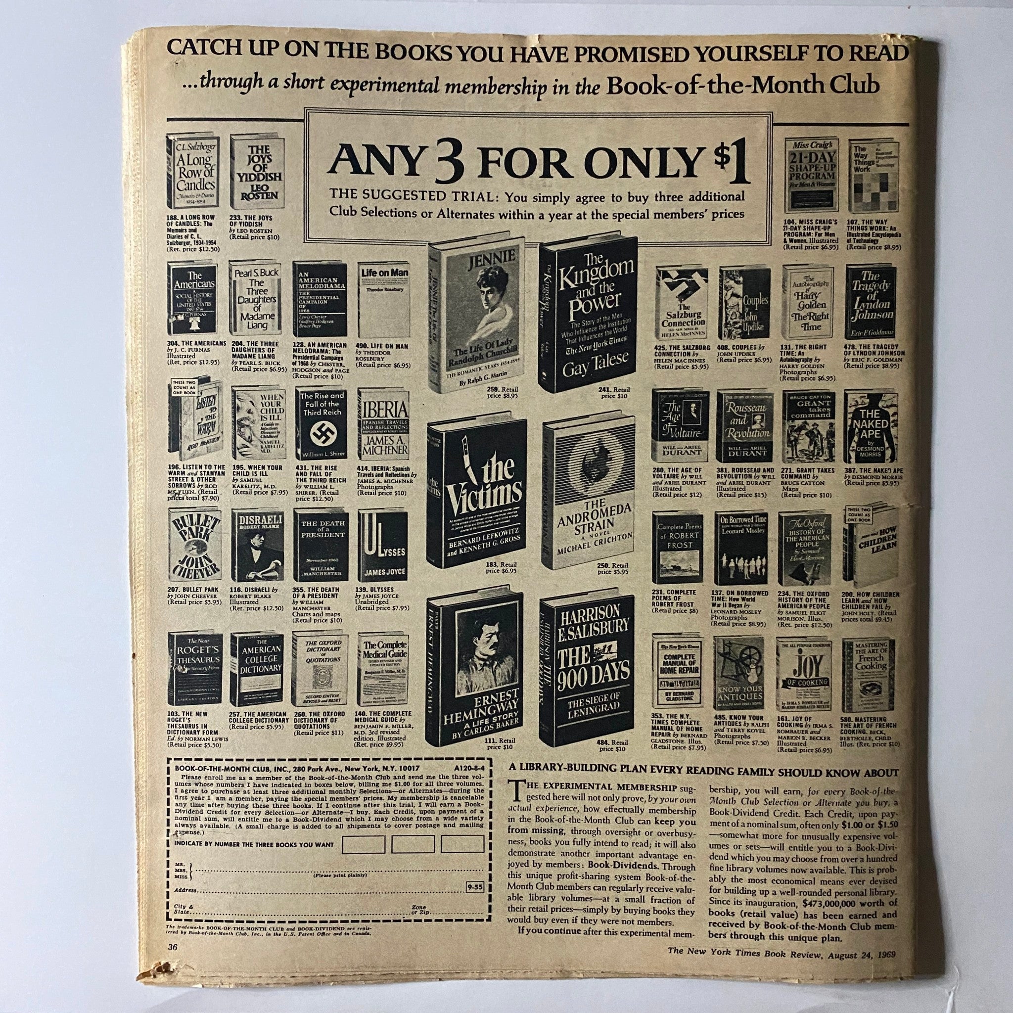 The New York Times Book Review August 24 1969 advertisement page showcasing Book-of-the-Month Club selections.