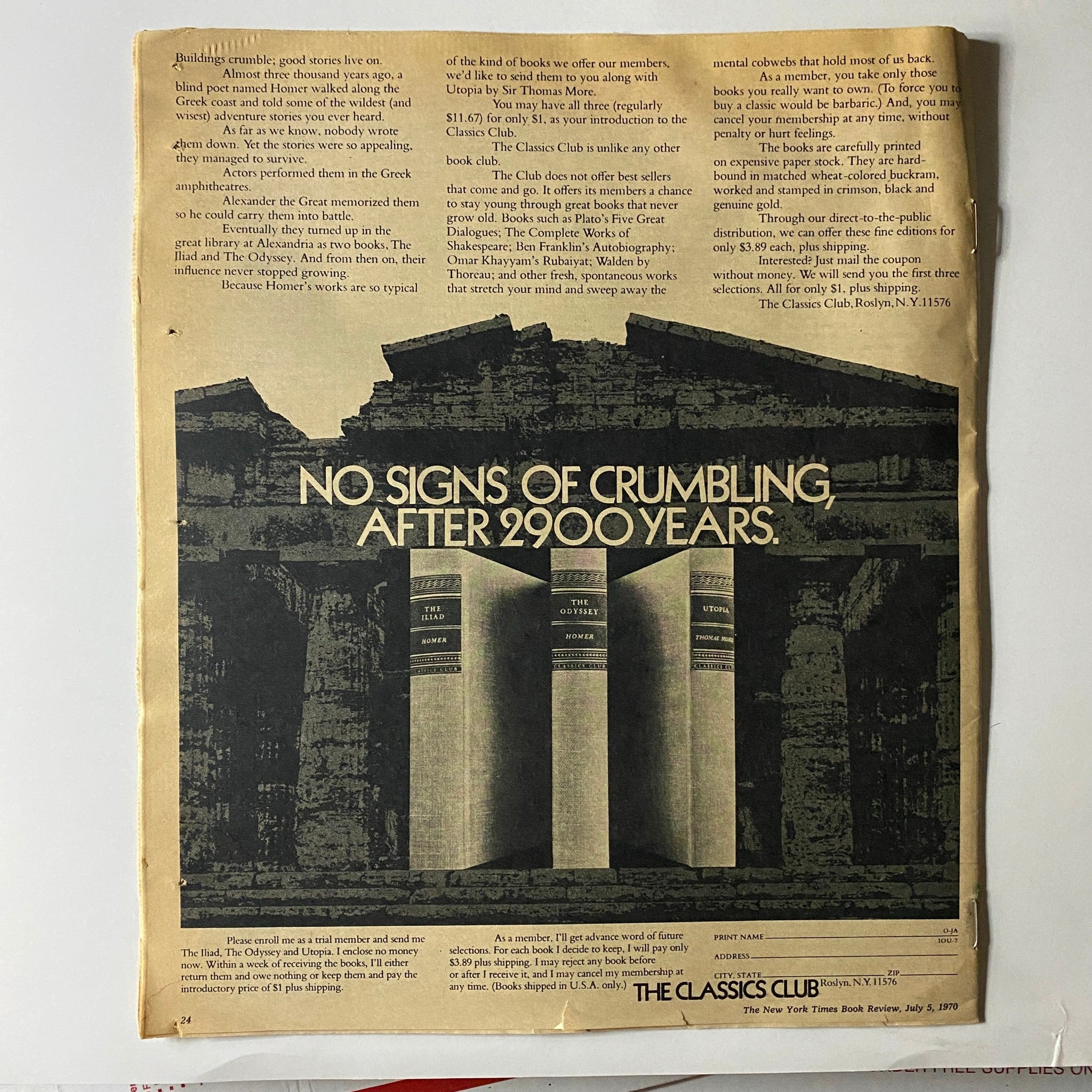Back cover of The New York Times Book Review from July 5, 1970, displaying an advertisement for The Classics Club with a theme of timeless literature.