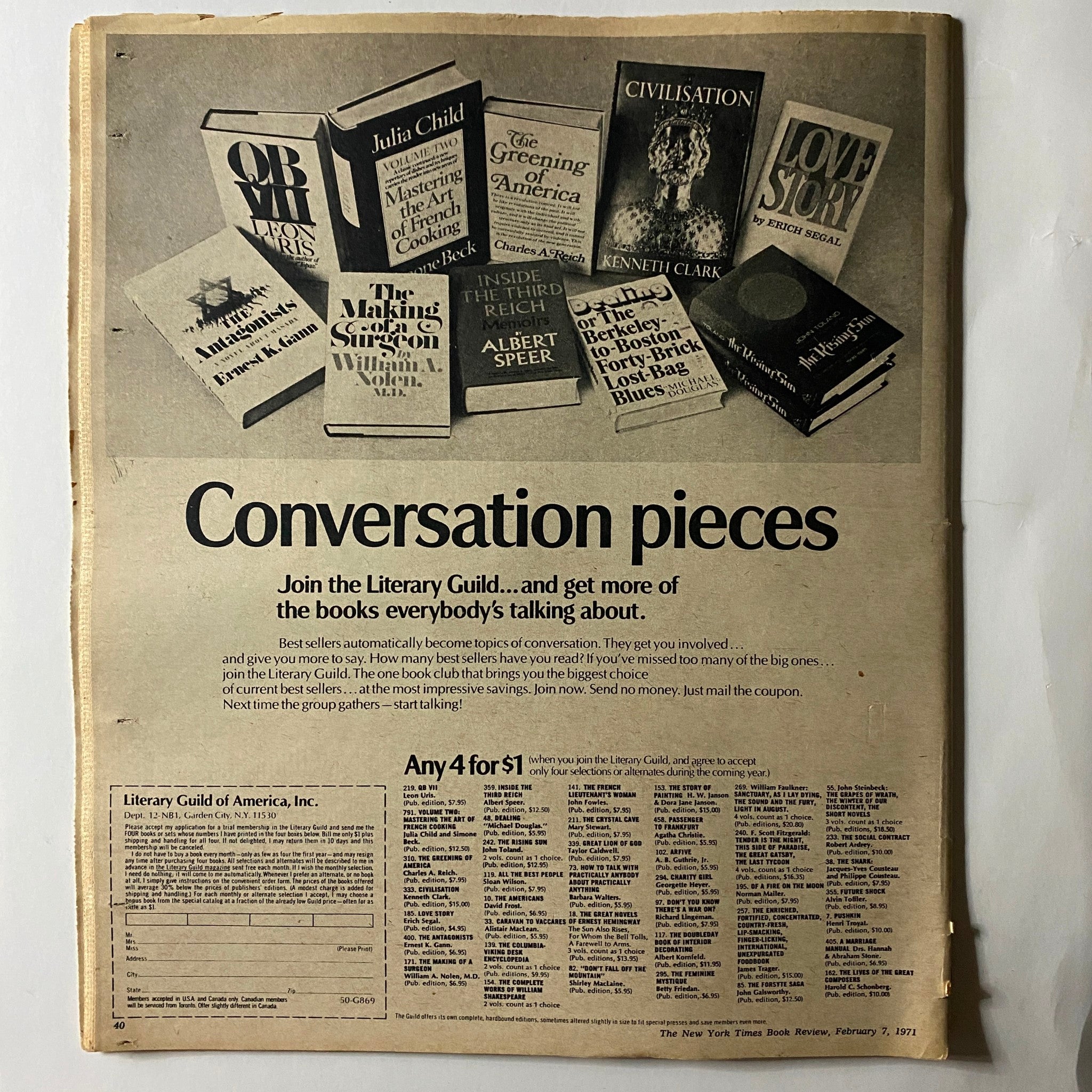 The New York Times Book Review February 7, 1971, featuring an advertisement for the Literary Guild with colorful book covers and the text 'Conversation pieces'. The layout highlights popular titles from the era, ideal for collectors of vintage media.