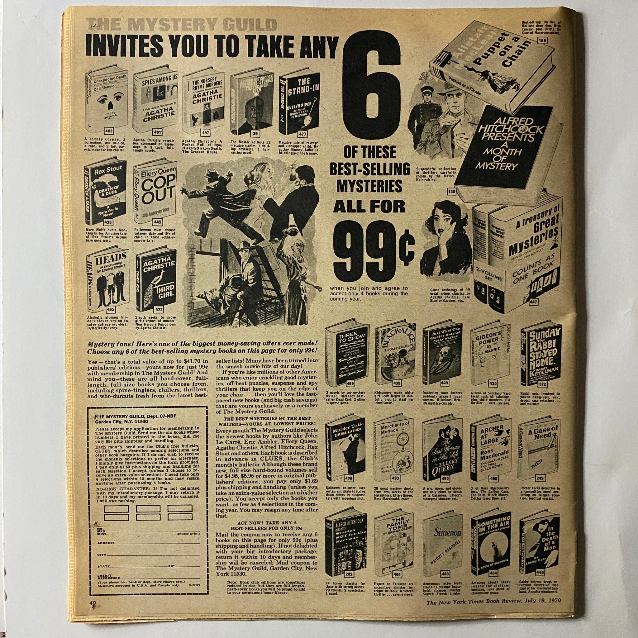 Back cover of The New York Times Book Review from July 19, 1970, showcasing an advertisement for The Mystery Guild offering best-selling mysteries for 99 cents.